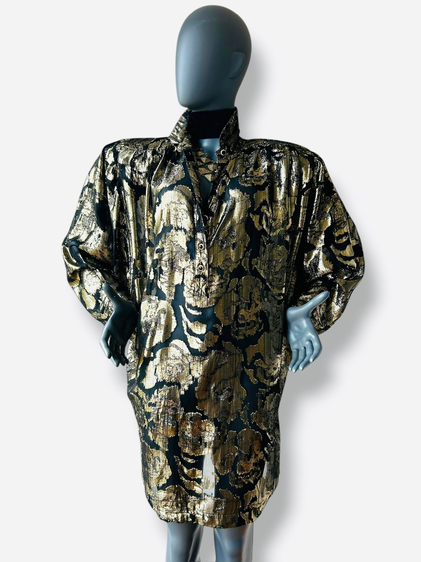 Vintage 1980s Gold and Black Lame Batwing Shirt Dress
