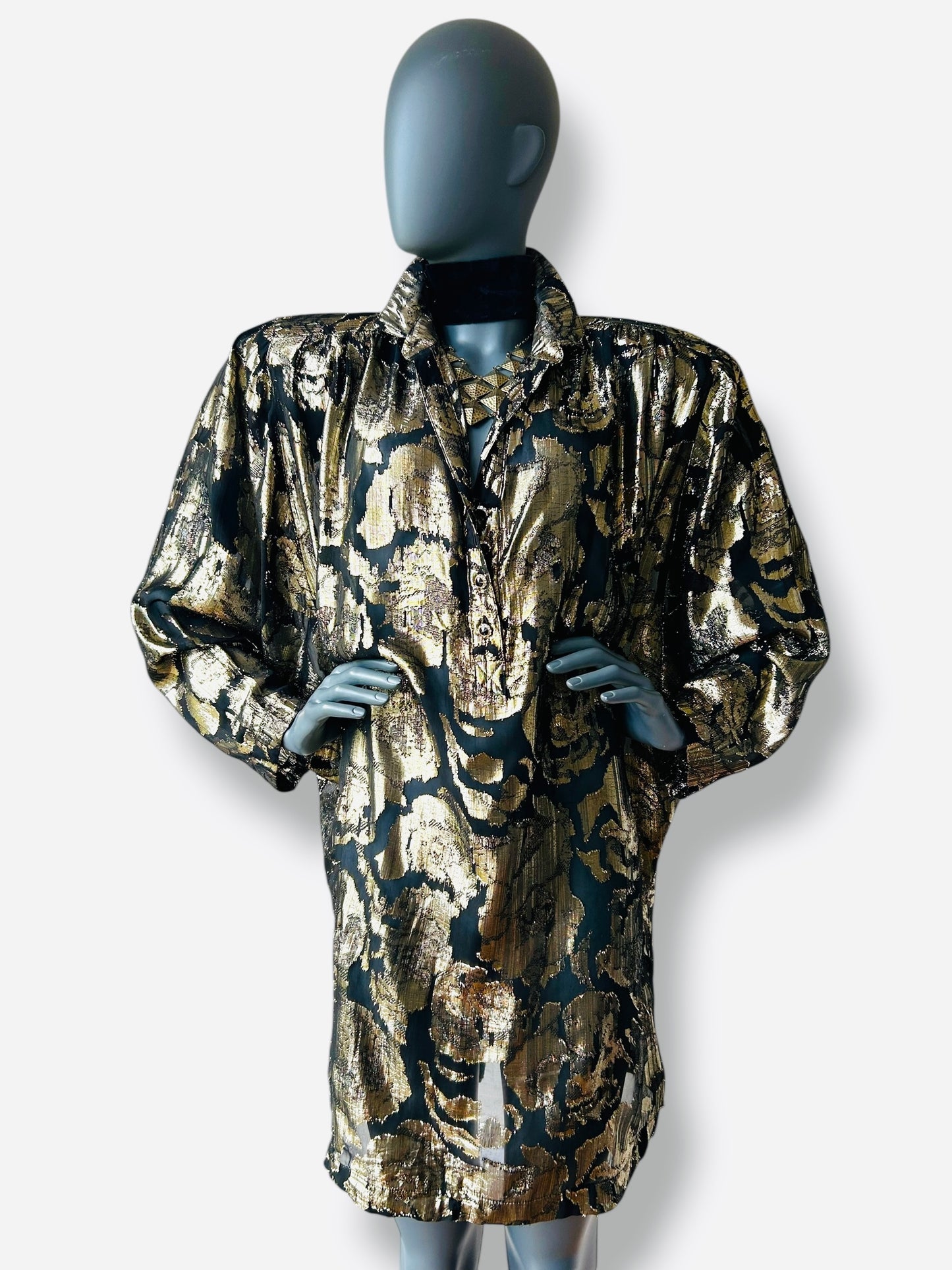 Vintage 1980s Gold and Black Lame Batwing Shirt Dress
