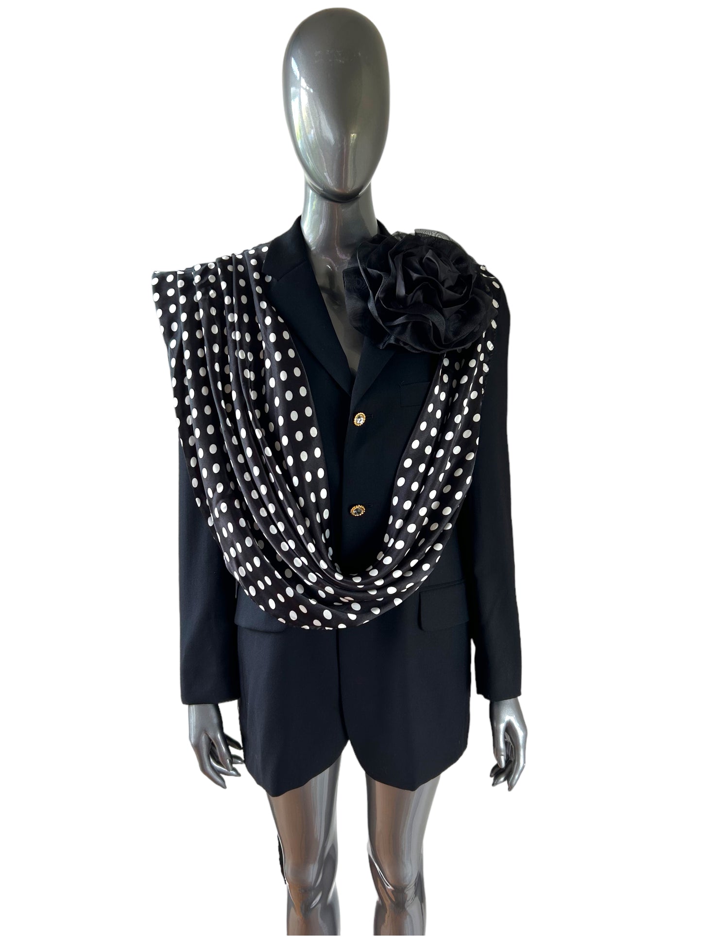 Overdress Redefined Mini Polka Dot Drape Black Blazer with floral corsage