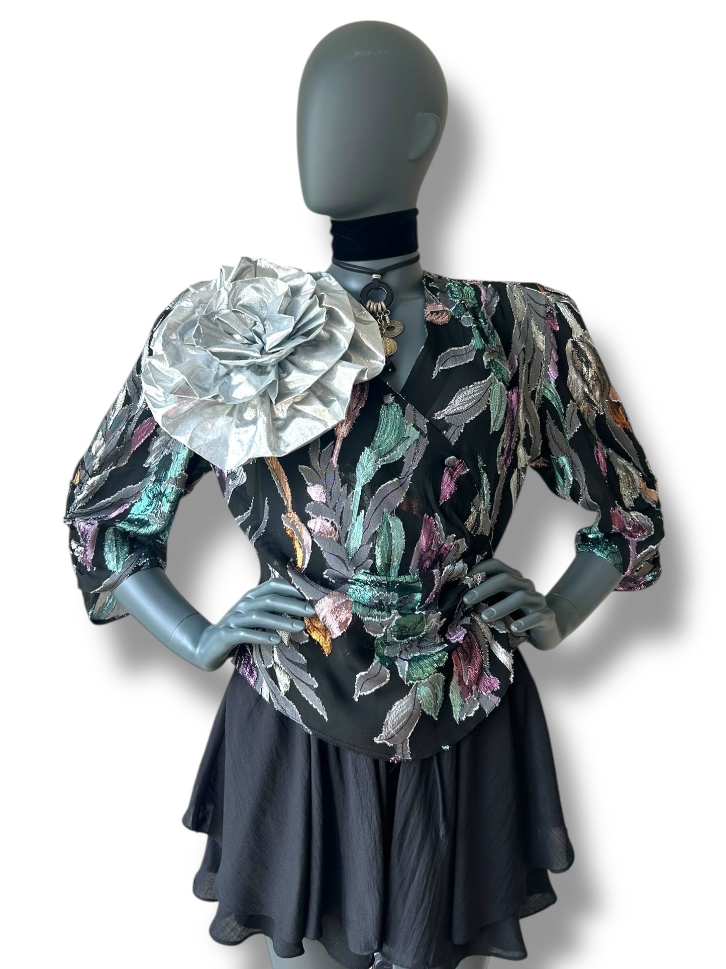 Vintage 80s Silk Lamé Rose Cocktail Jacket