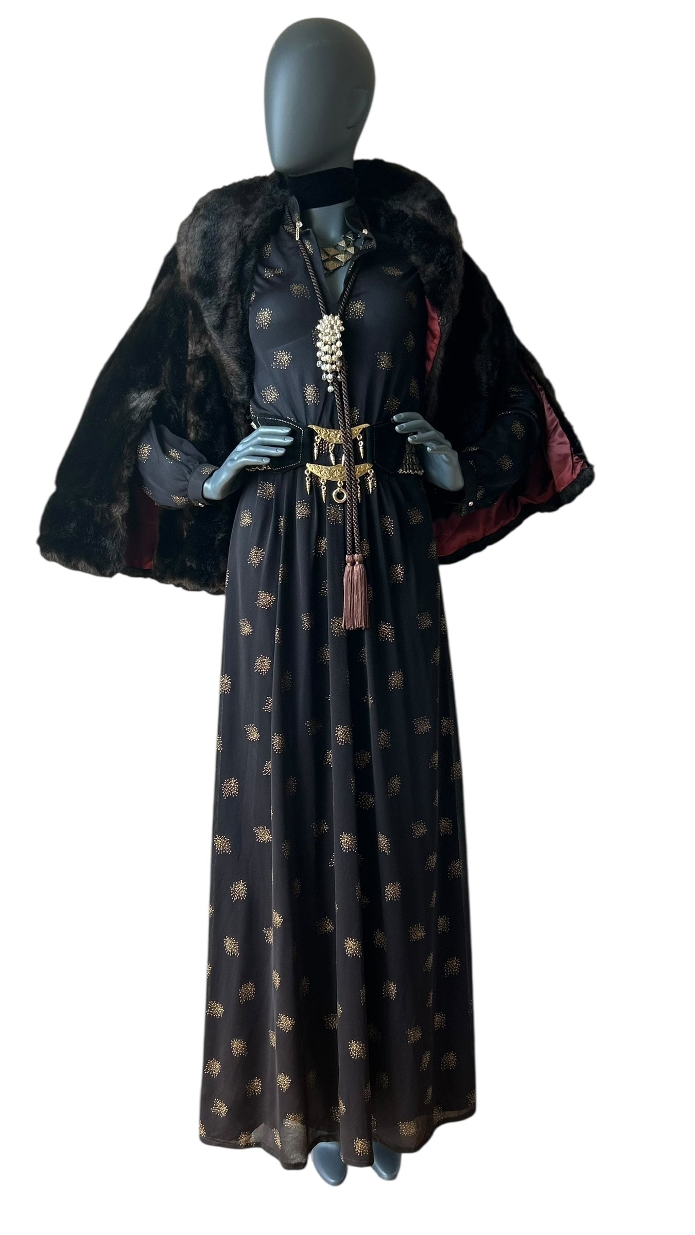 Vintage 1970s Bronze and Black Boho Maxi Dress