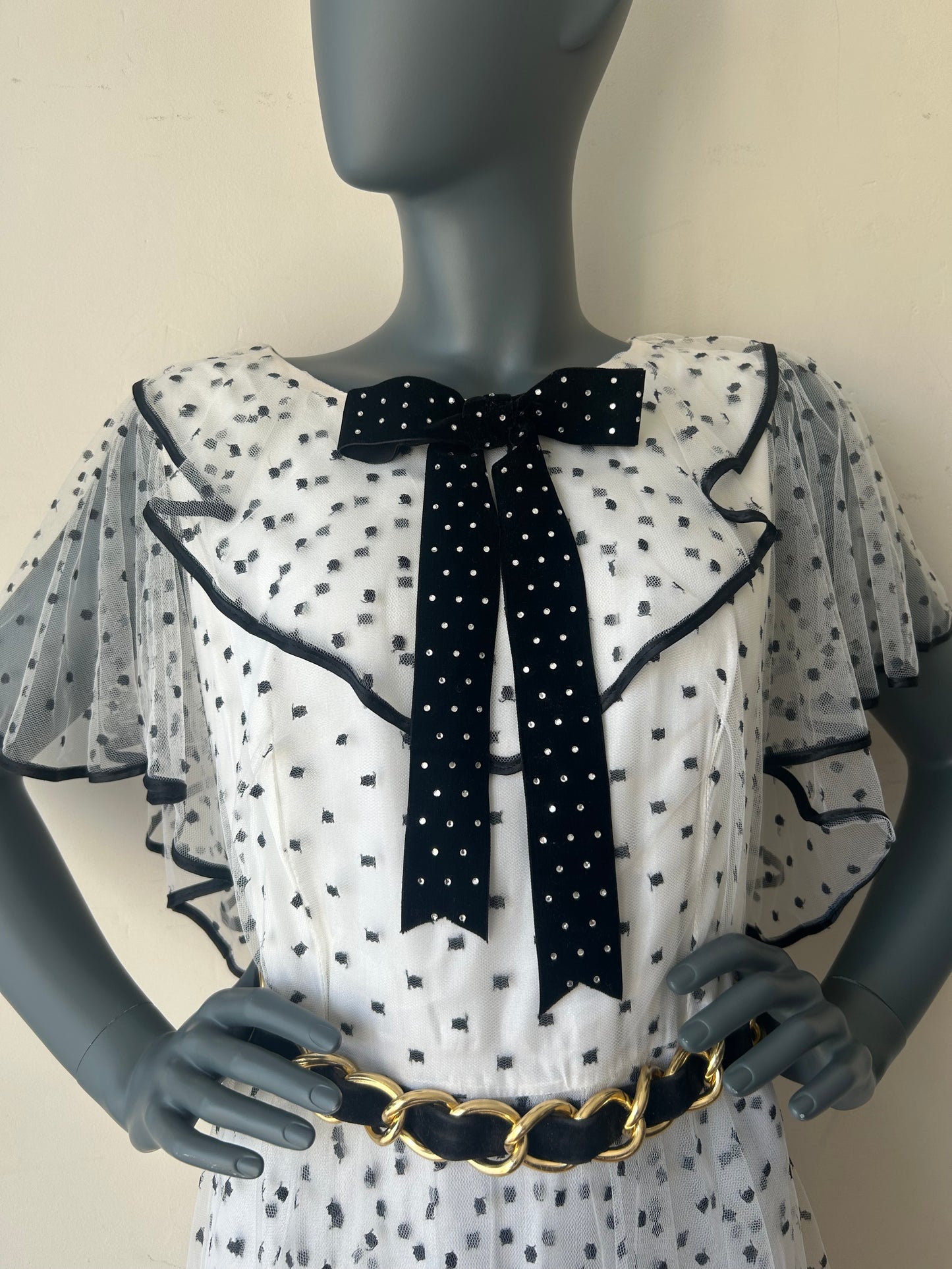 Vintage 1960s Black and White Polka Dot Mesh Dress