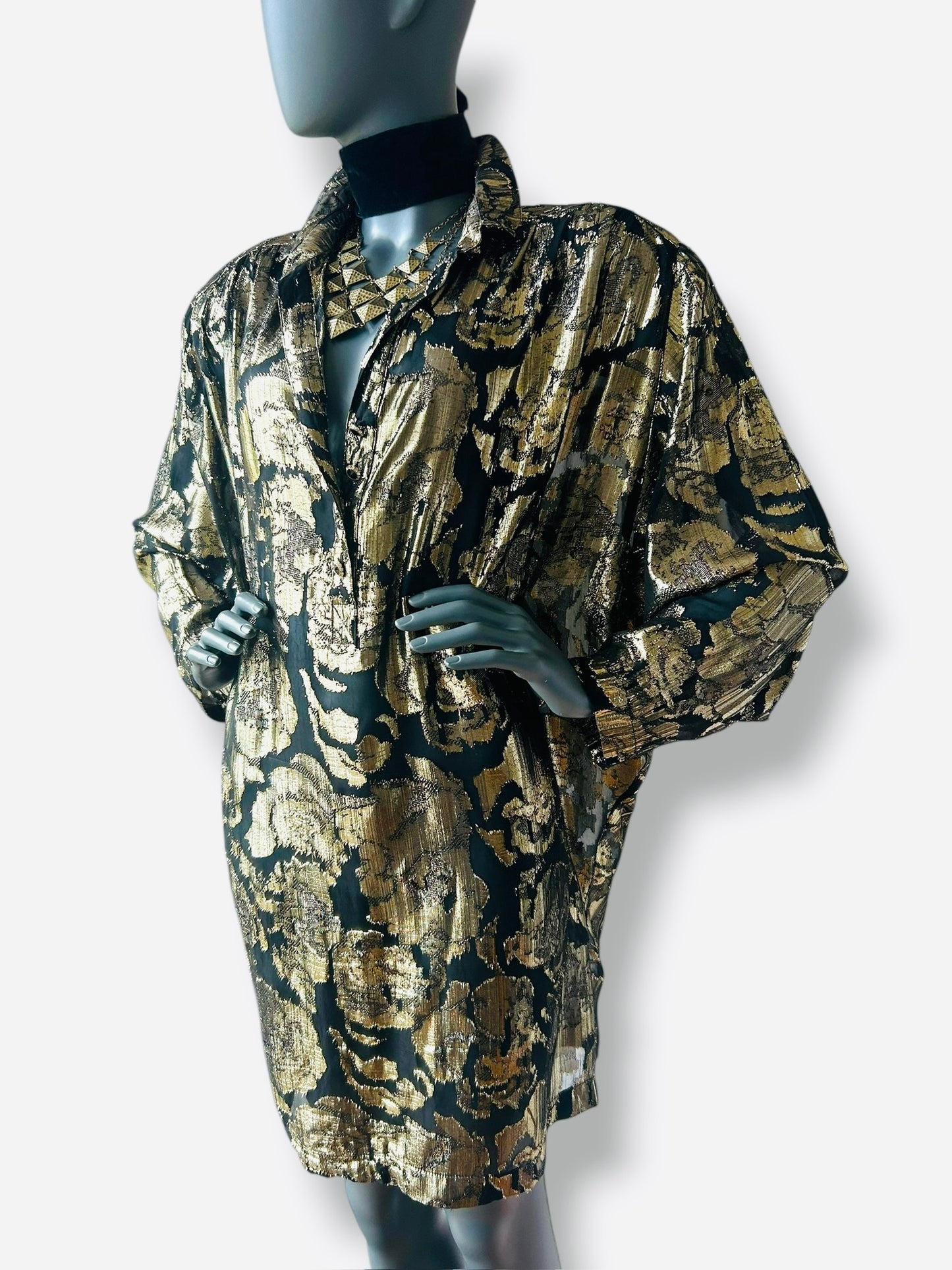 Vintage 1980s Gold and Black Lame Batwing Shirt Dress