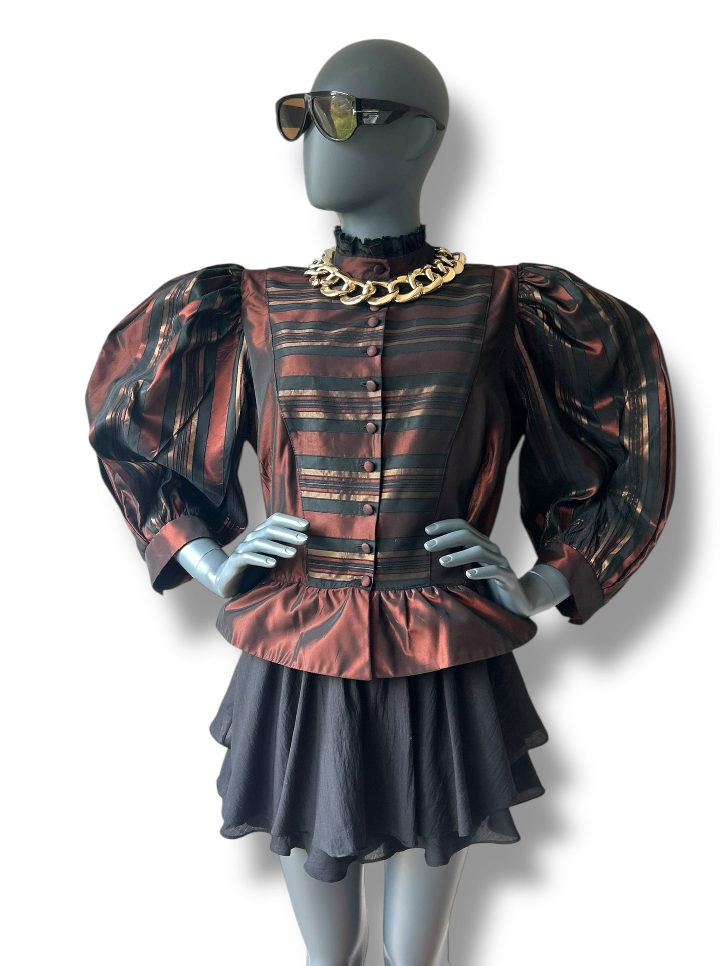 Vintage 1980s Silk Taffeta Puff Sleeve Statement Peplum Blouse