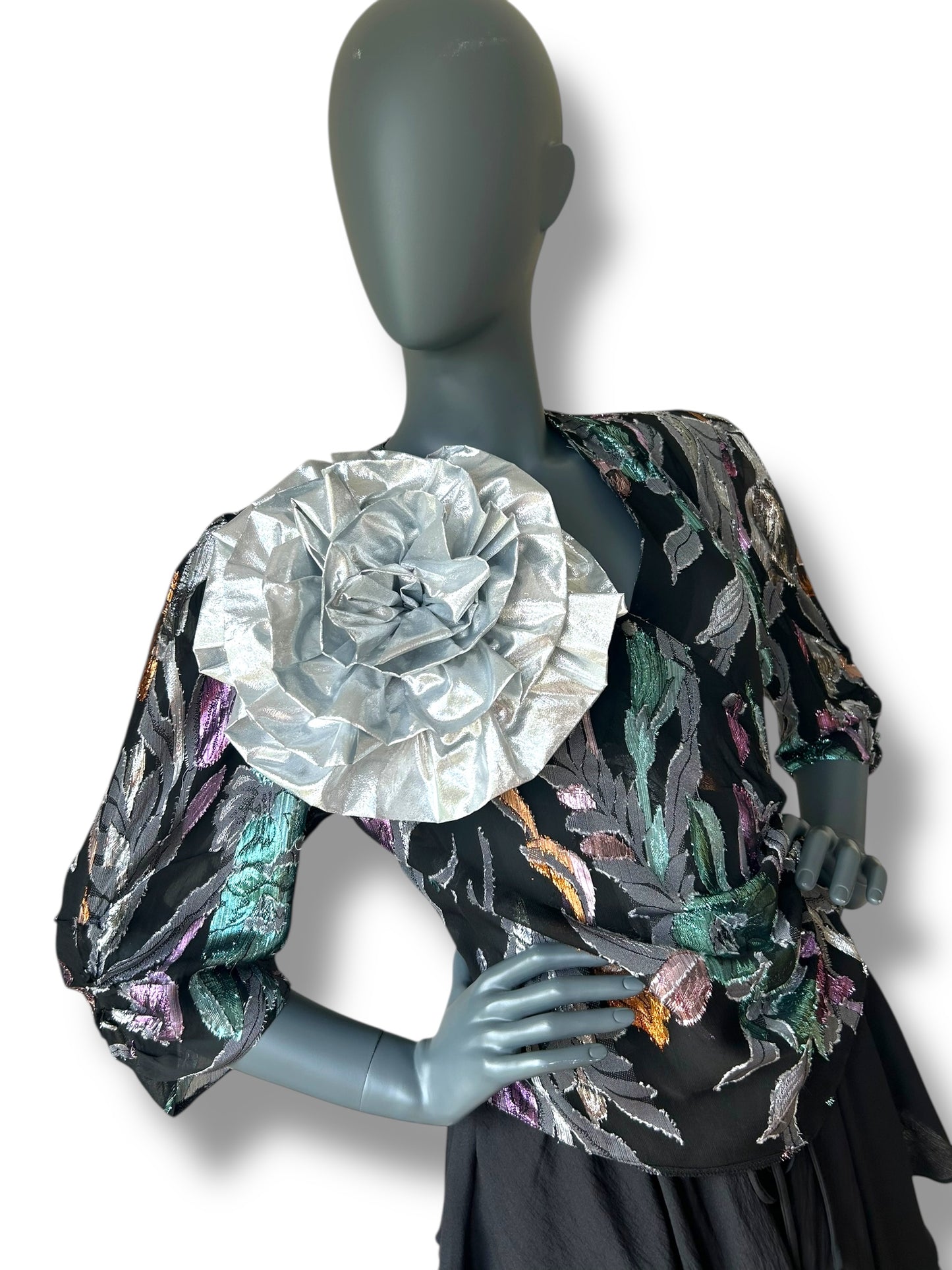 Vintage 80s Silk Lamé Rose Cocktail Jacket