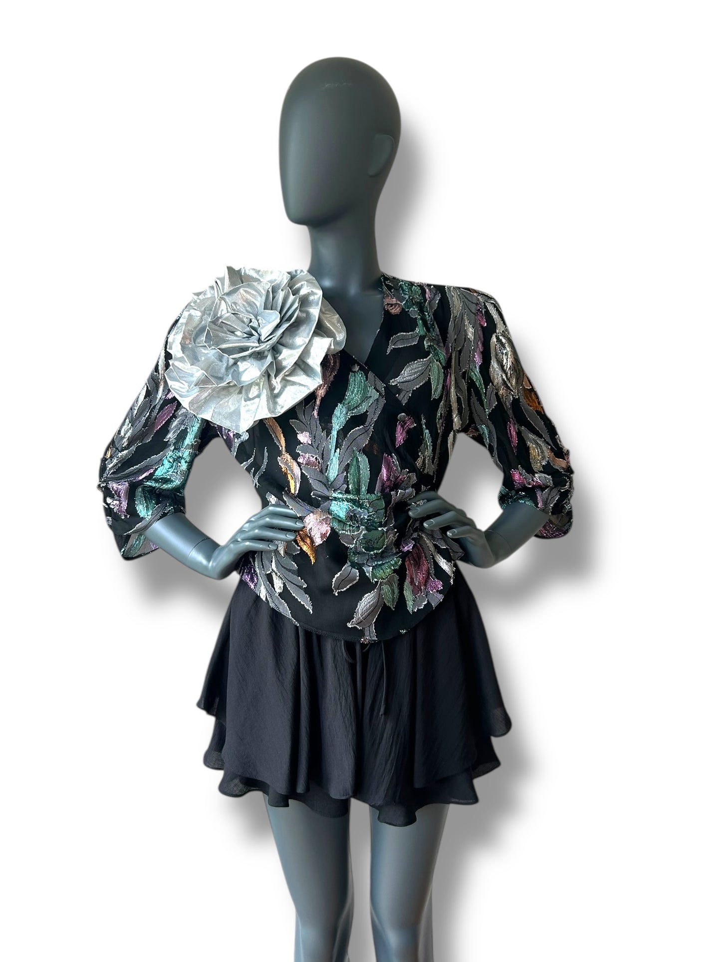 Vintage 80s Silk Lamé Rose Cocktail Jacket