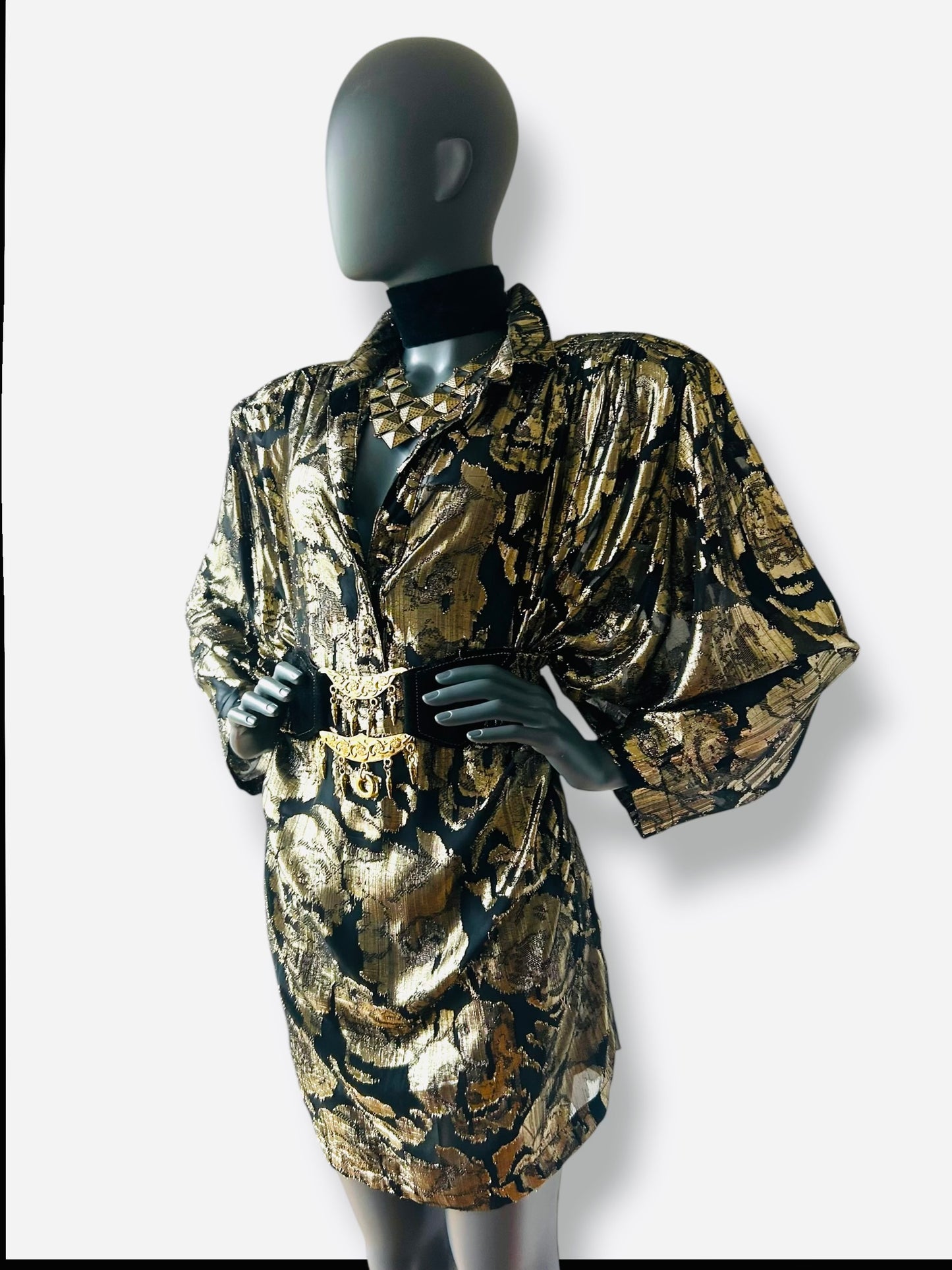 Vintage 1980s Gold and Black Lame Batwing Shirt Dress