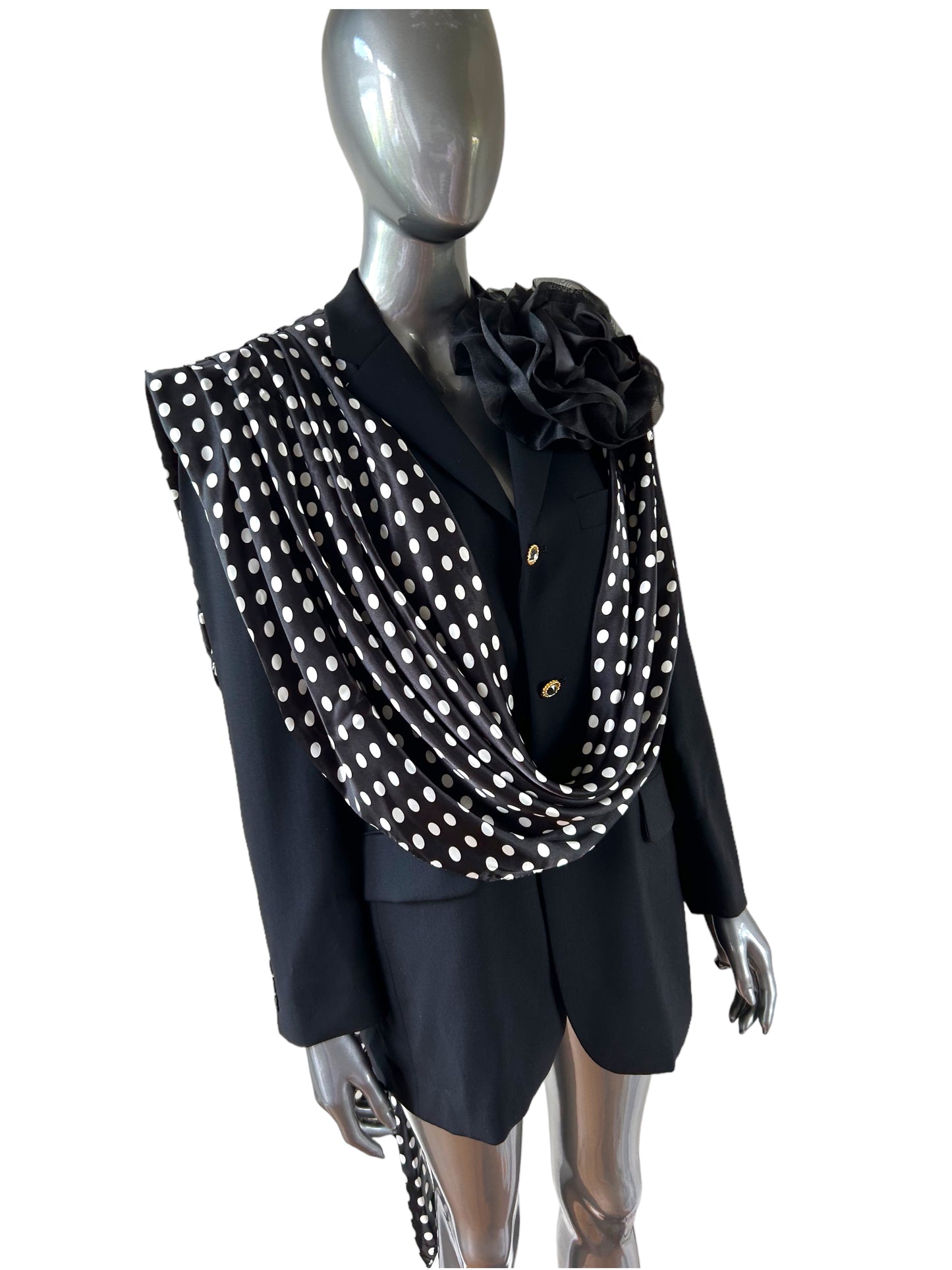 Overdress Redefined Mini Polka Dot Drape Black Blazer with floral corsage