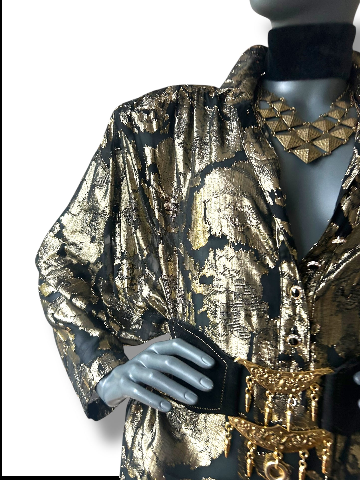 Vintage 1980s Gold and Black Lame Batwing Shirt Dress