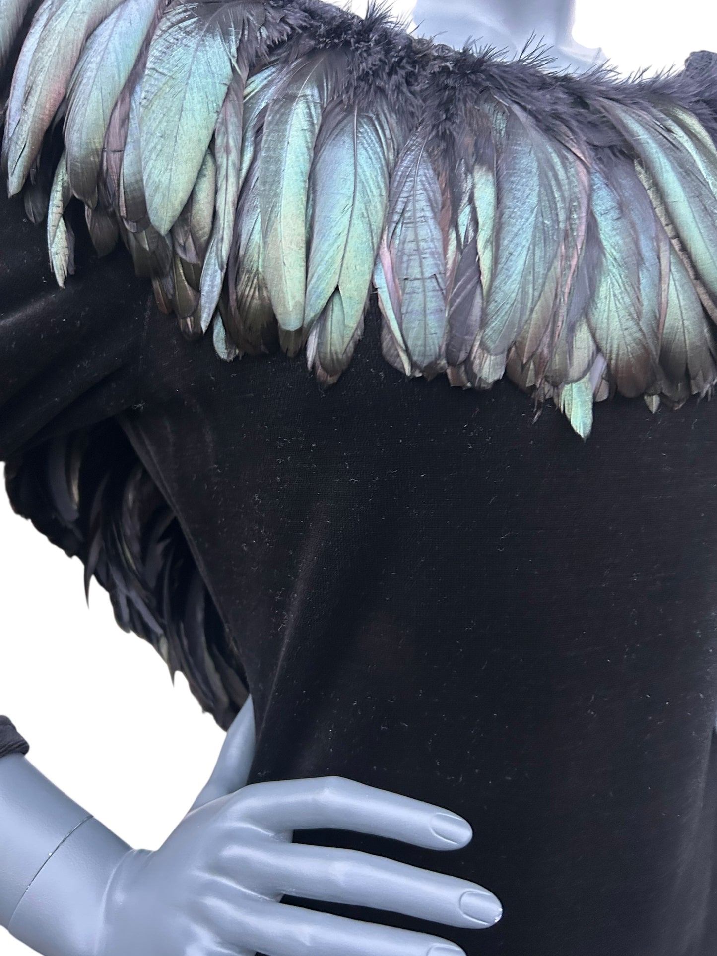 Vintage 1980s Ann Green Velvet and taffeta feather collar dress.