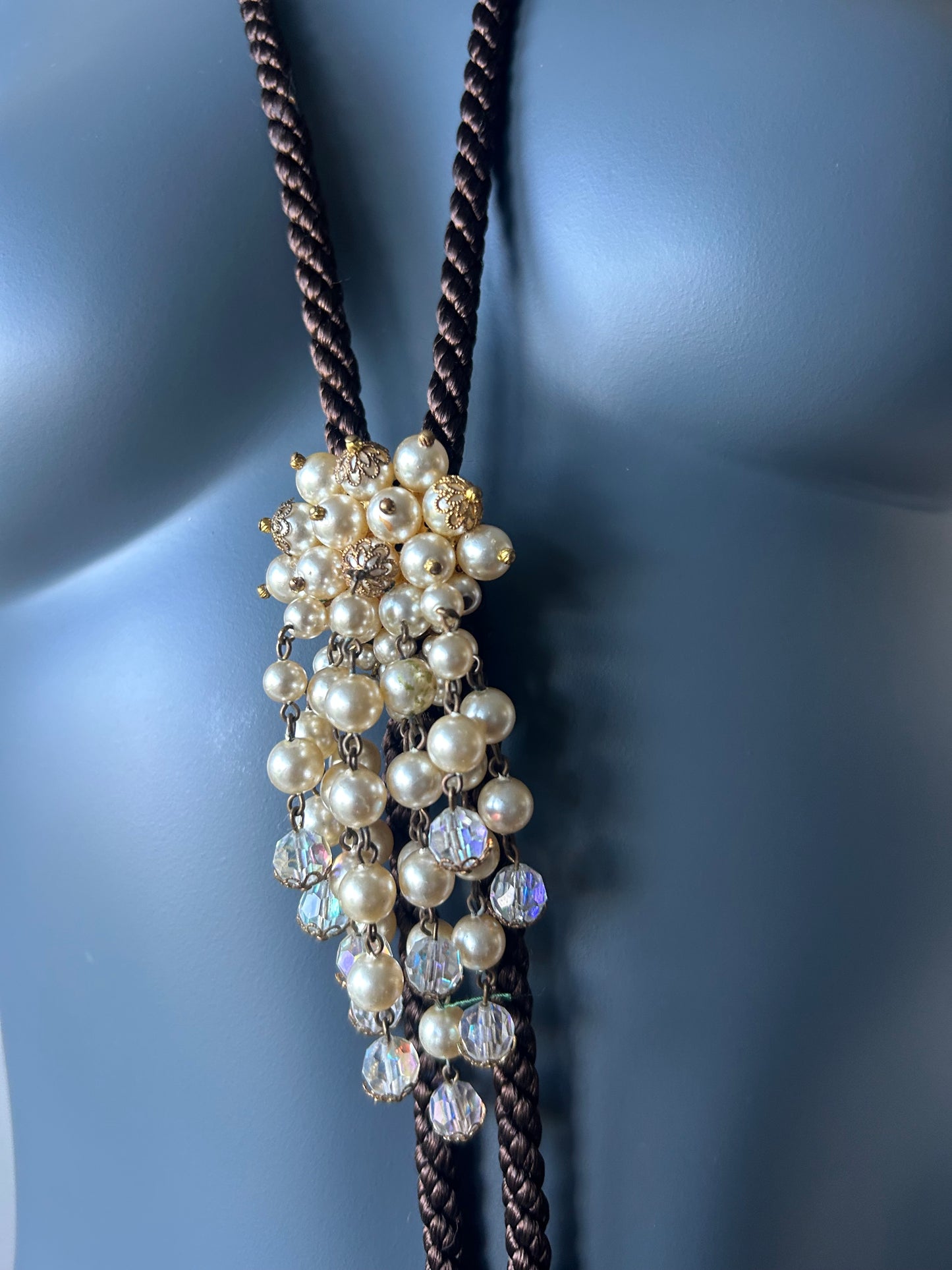 Vintage 1950s crystal and faux pearl rope sautoir necklace