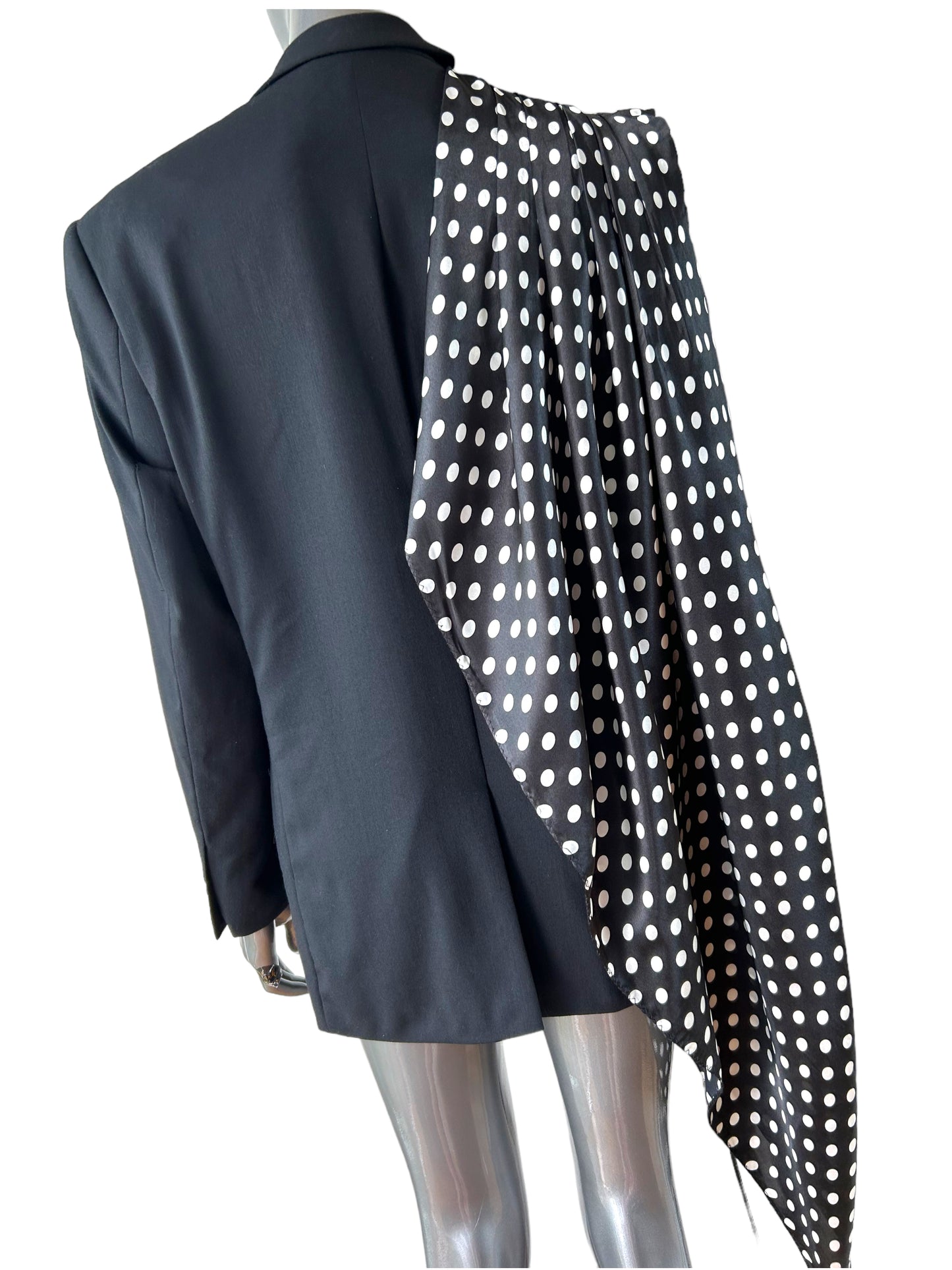Overdress Redefined Mini Polka Dot Drape Black Blazer with floral corsage