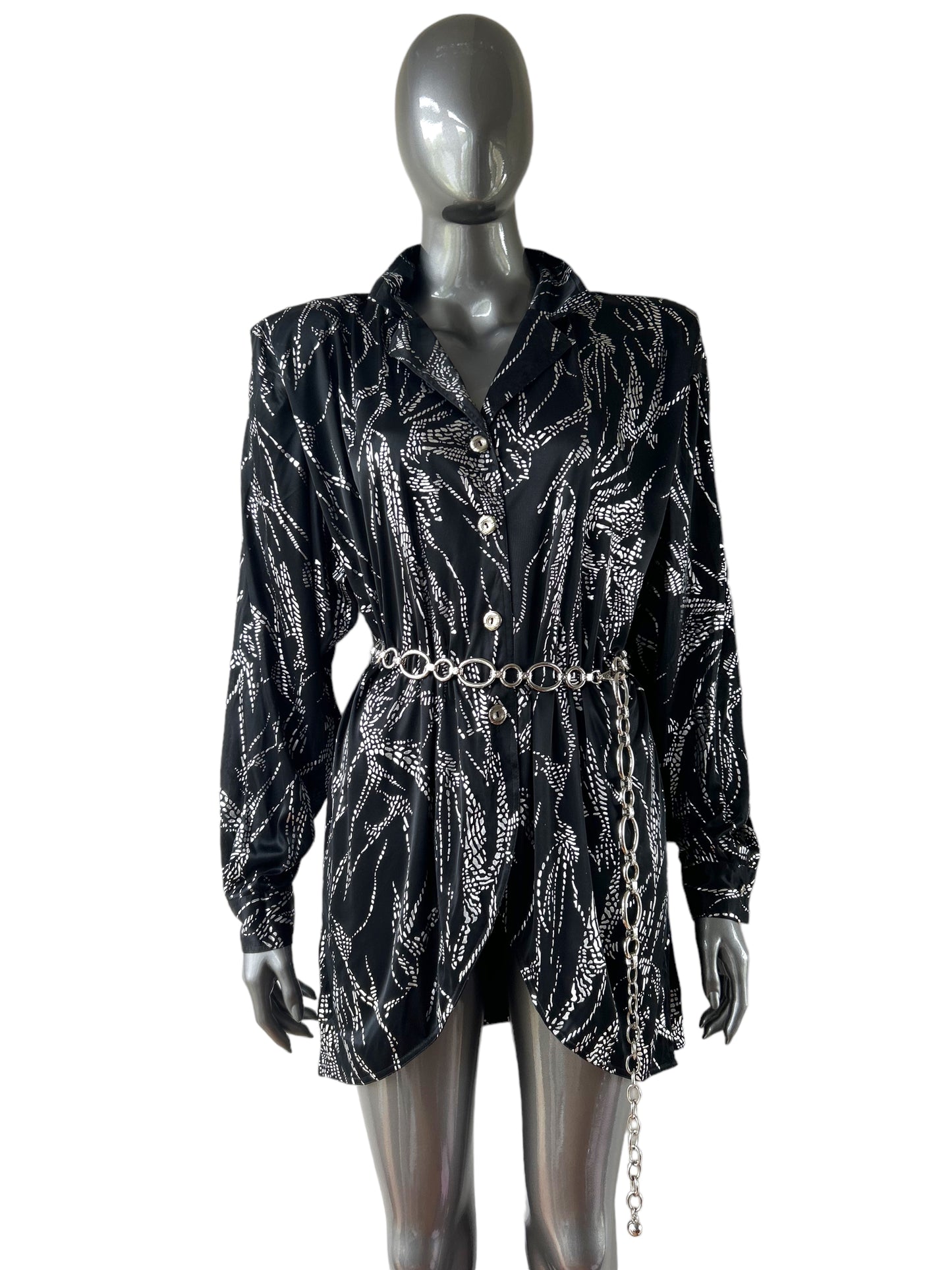 Vintage 1980s Liquid Silver Lame Shirt Dress