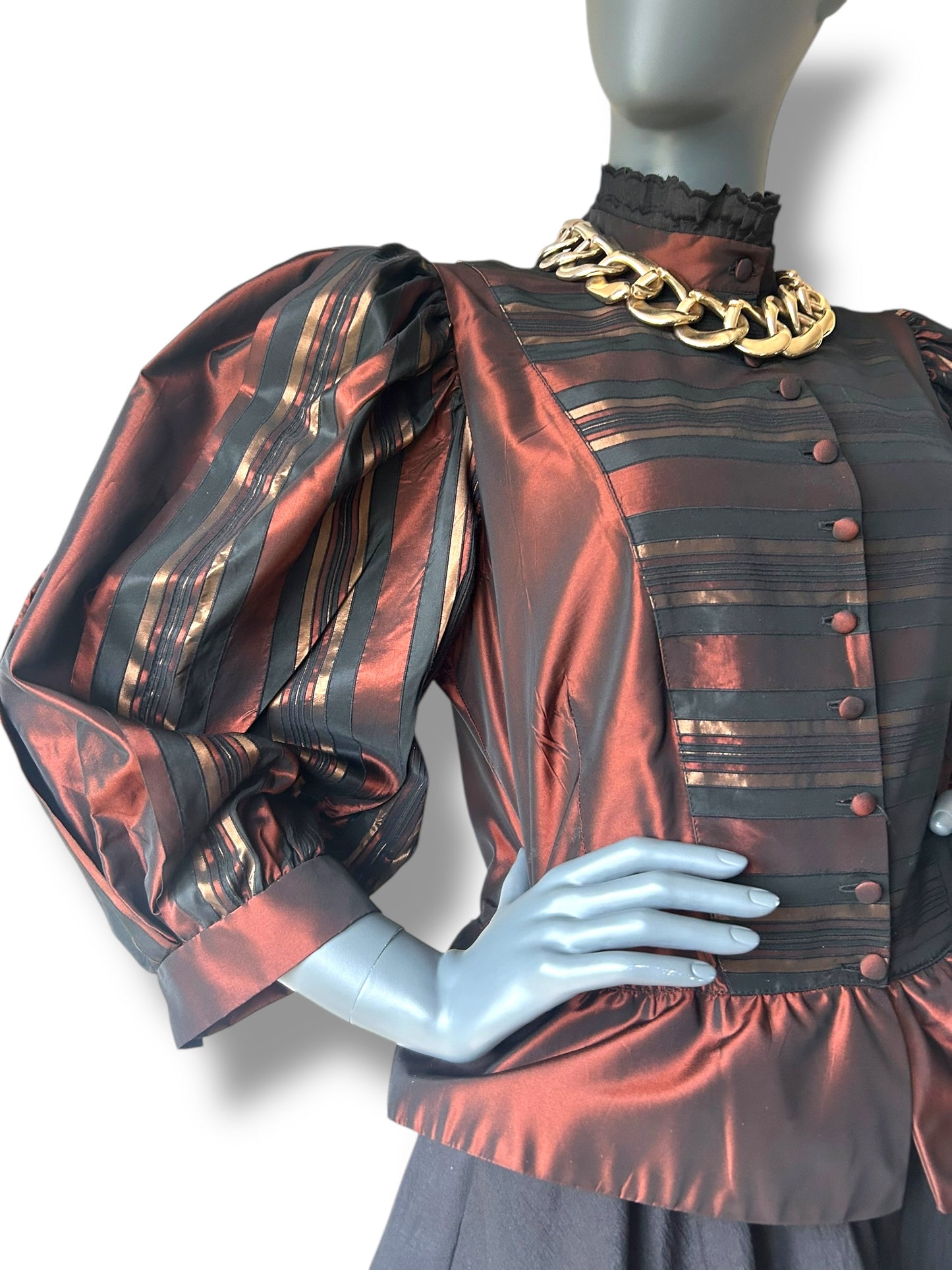 Vintage 1980s Silk Taffeta Puff Sleeve Statement Peplum Blouse