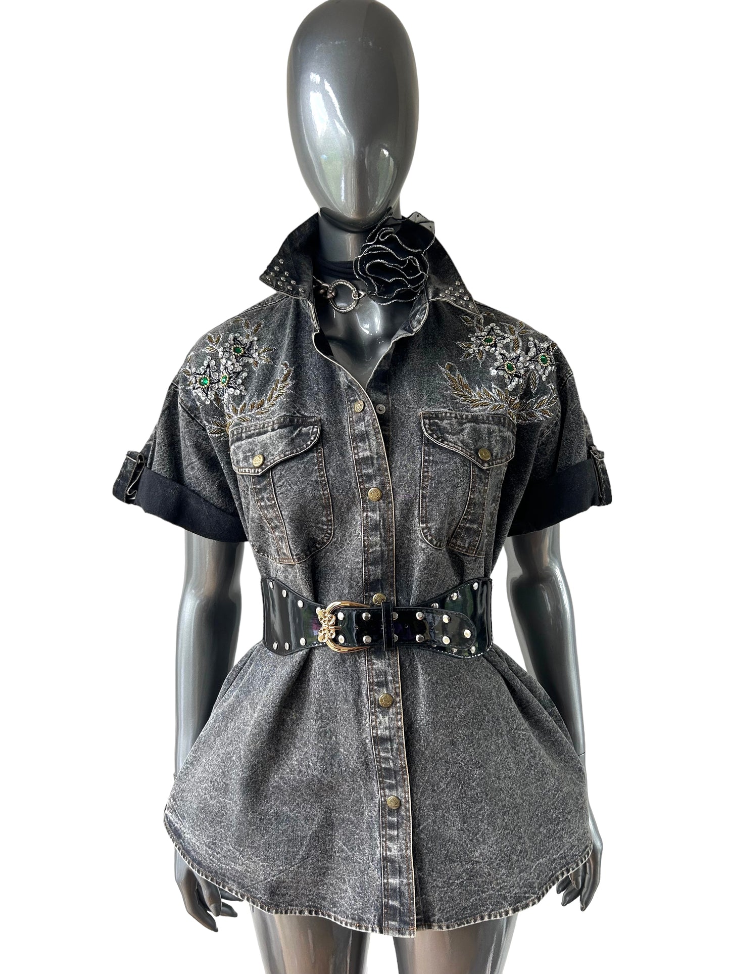 Vintage Grey Denim Jewelled Rodeo Shirt