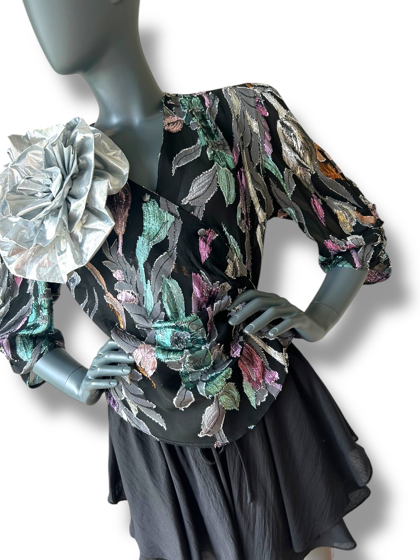 Vintage 80s Silk Lamé Rose Cocktail Jacket
