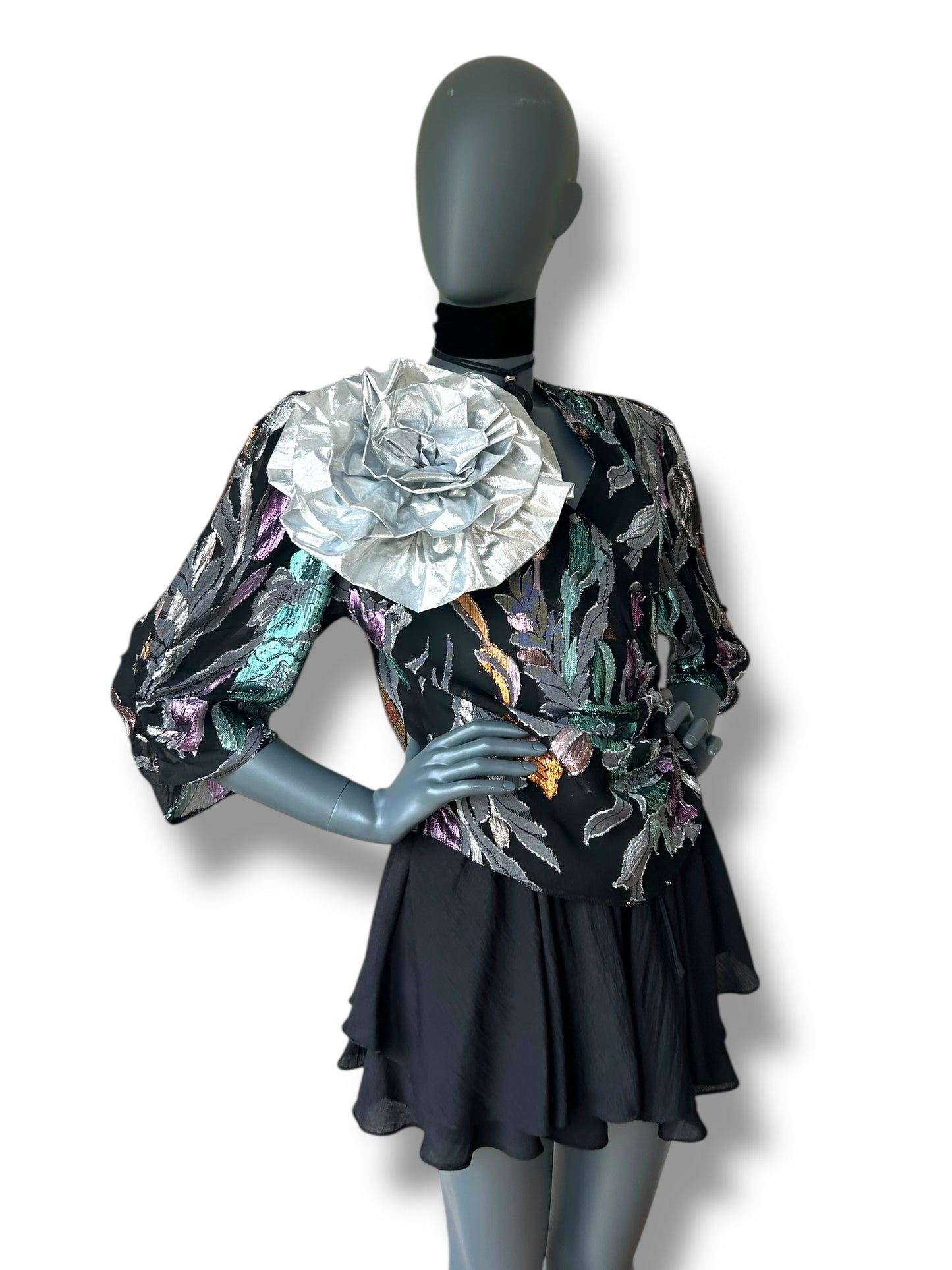 Vintage 80s Silk Lamé Rose Cocktail Jacket