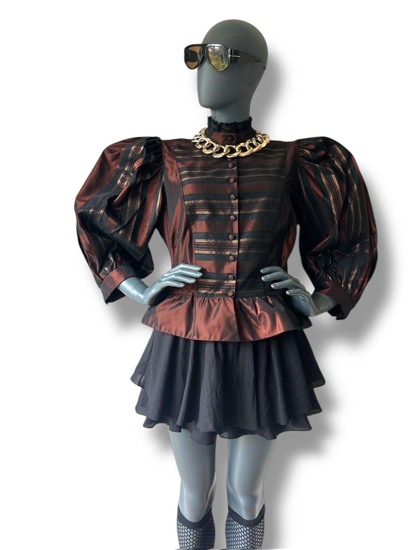 Vintage 1980s Silk Taffeta Puff Sleeve Statement Peplum Blouse