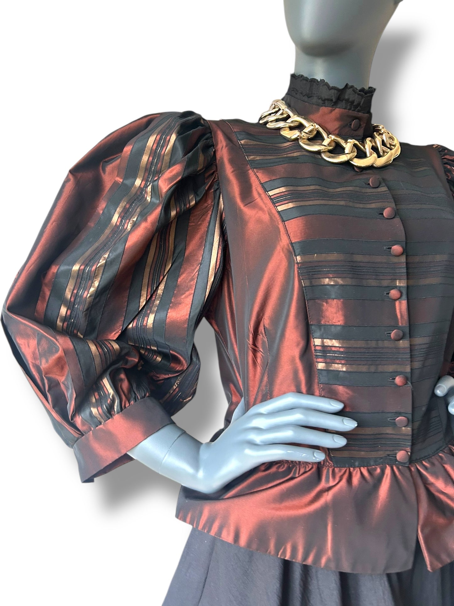 Vintage 1980s Silk Taffeta Puff Sleeve Statement Peplum Blouse