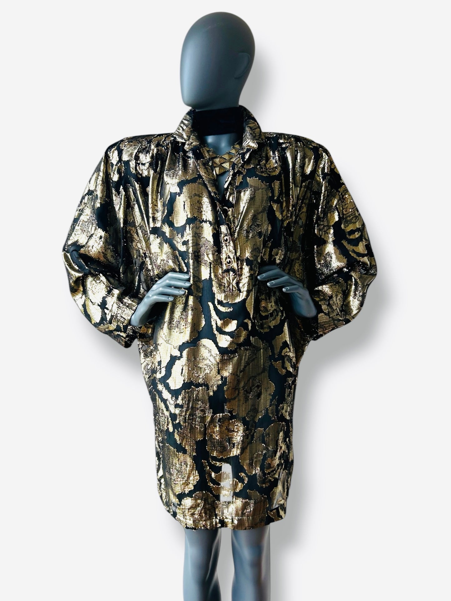 Vintage 1980s Gold and Black Lame Batwing Shirt Dress