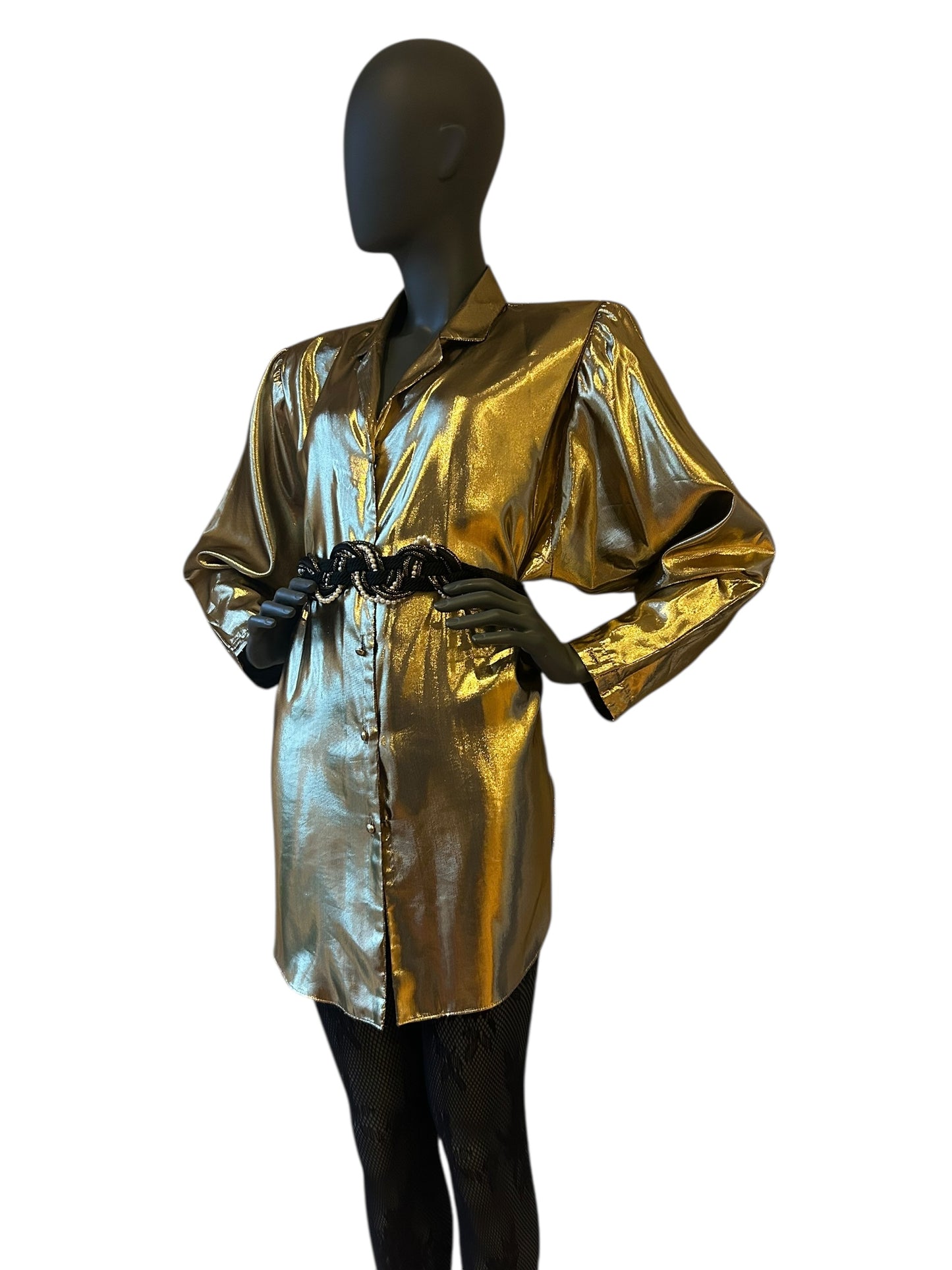Vintage 1980s Gold Lamé Shirt Dress