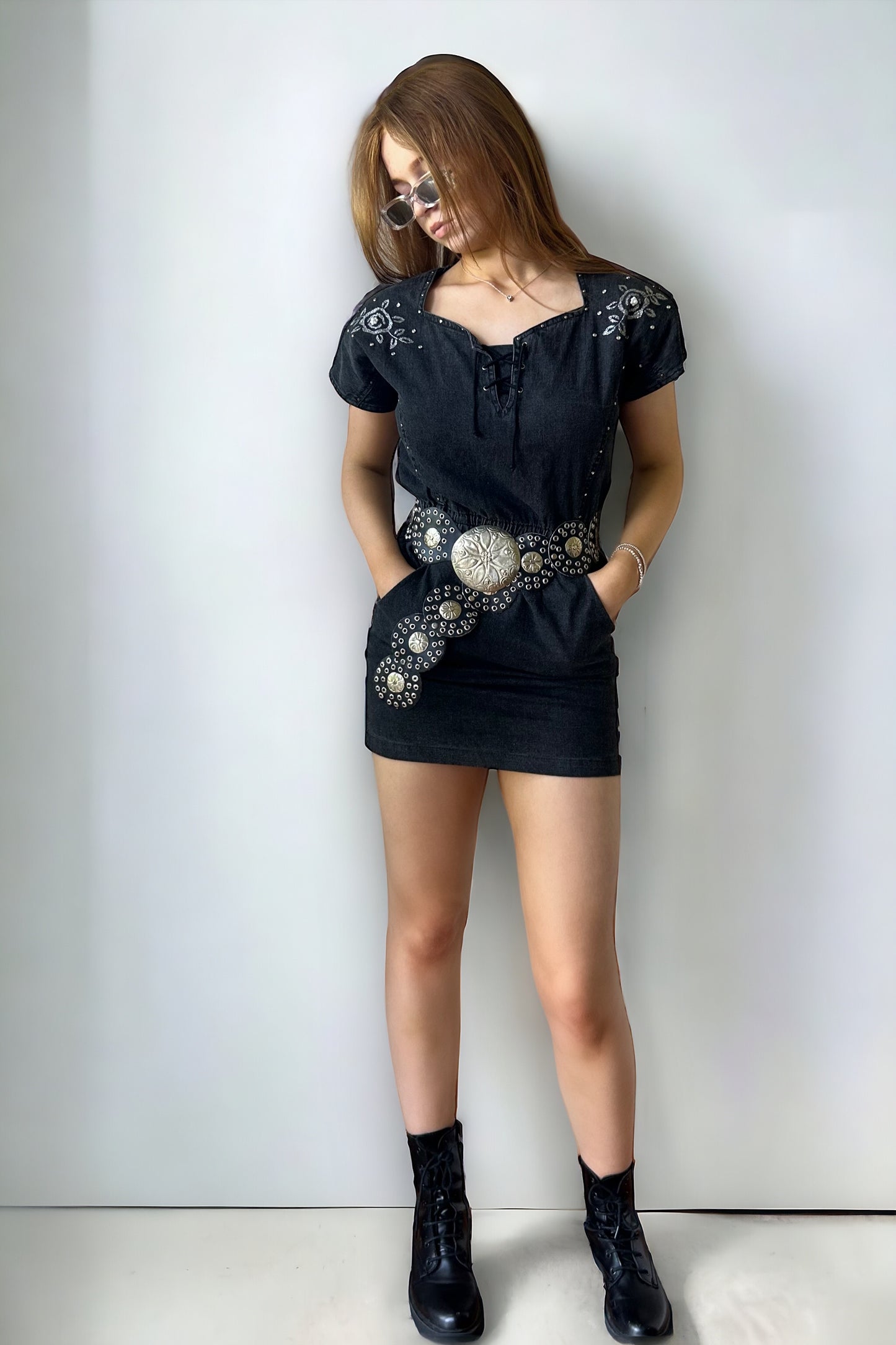 (Copy) Vintage 80s Western Grey Denim Dress
