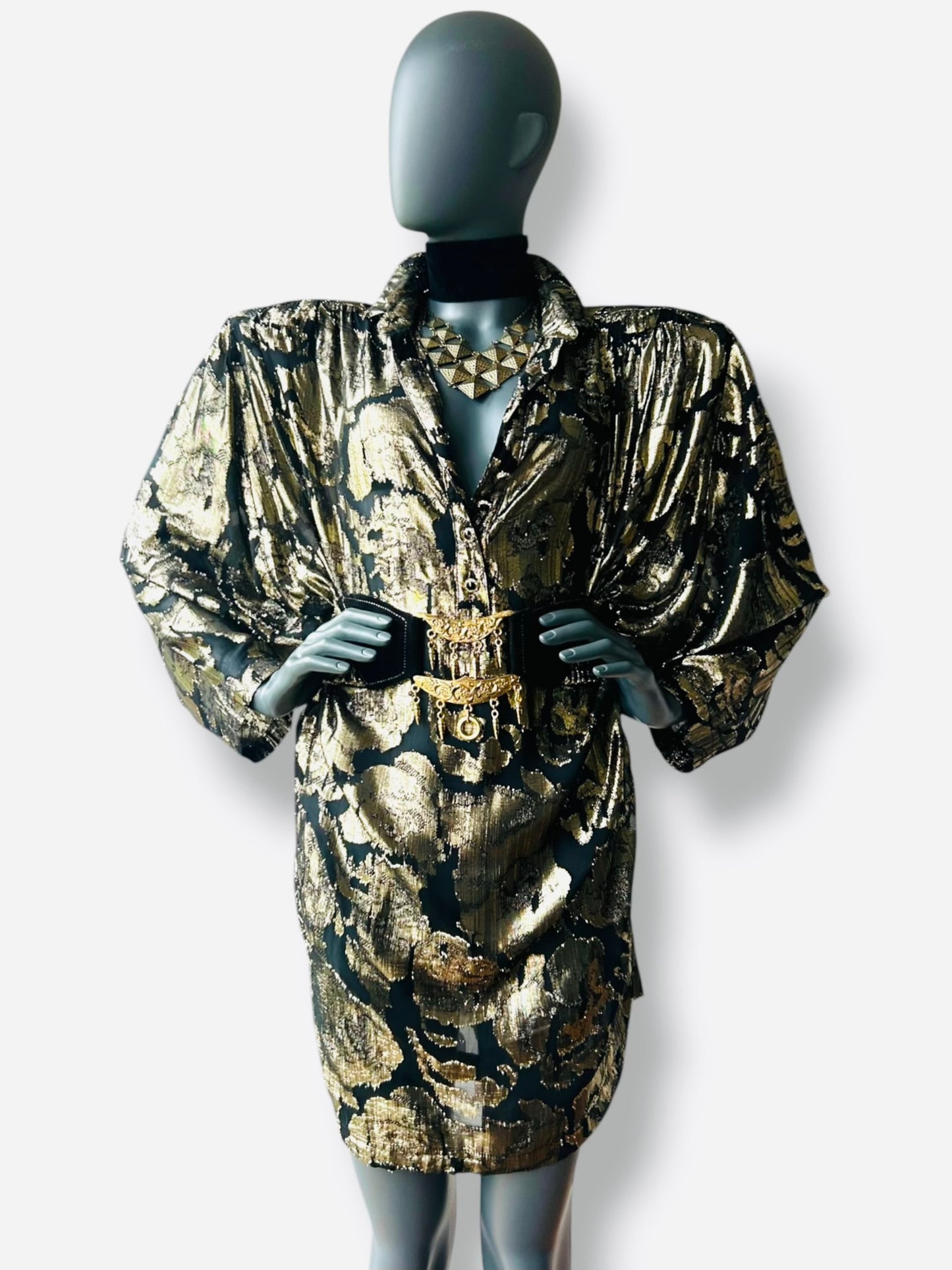 Vintage 1980s Gold and Black Lame Batwing Shirt Dress