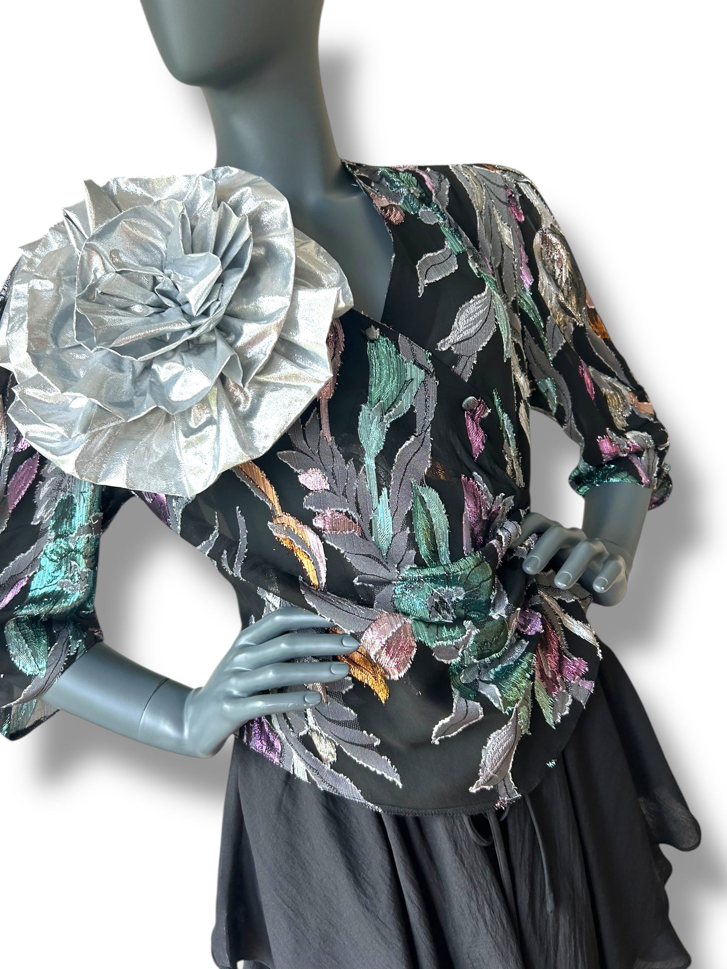 Vintage 80s Silk Lamé Rose Cocktail Jacket