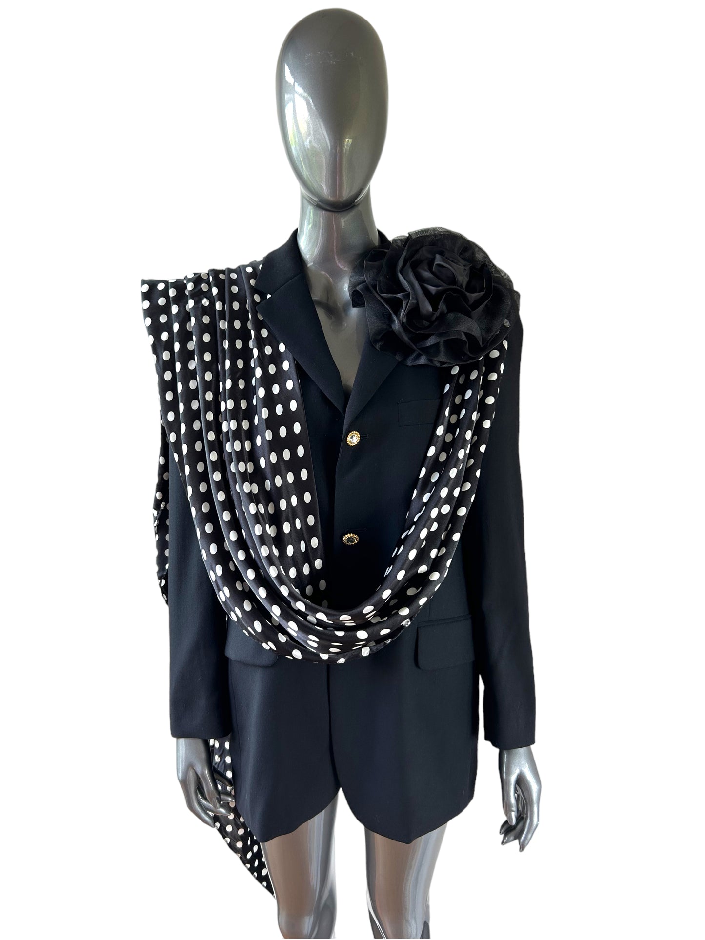Overdress Redefined Mini Polka Dot Drape Black Blazer with floral corsage