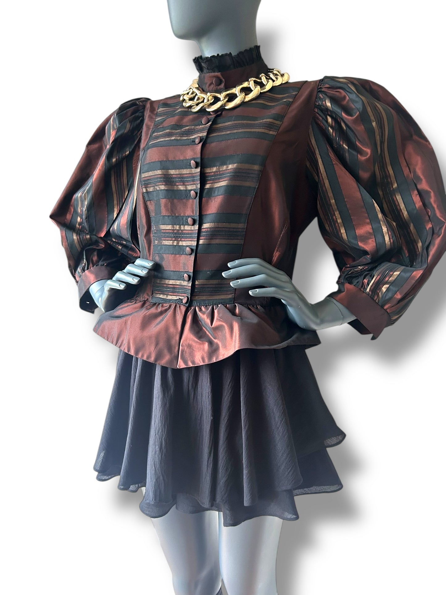 Vintage 1980s Silk Taffeta Puff Sleeve Statement Peplum Blouse