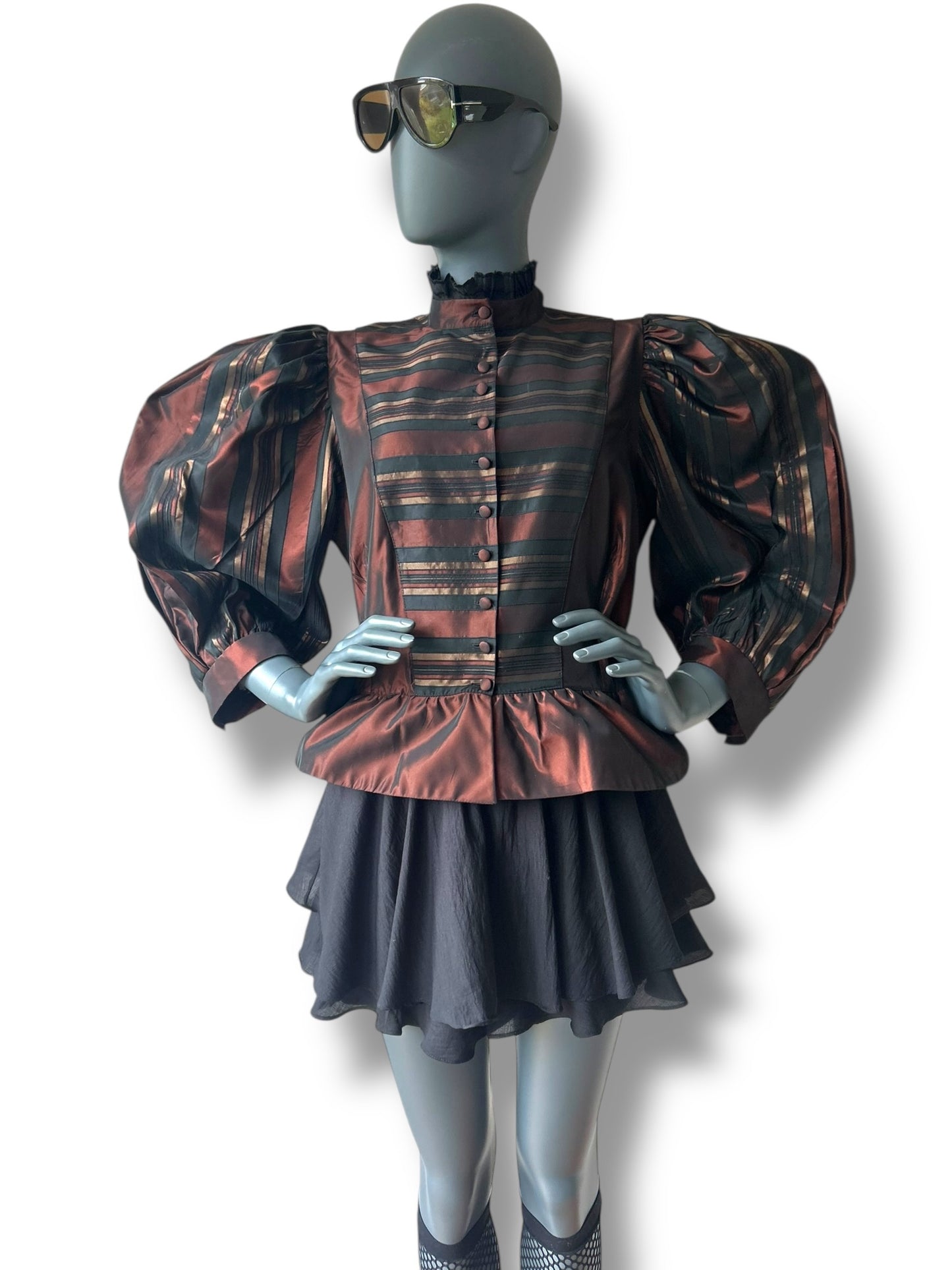 Vintage 1980s Silk Taffeta Puff Sleeve Statement Peplum Blouse
