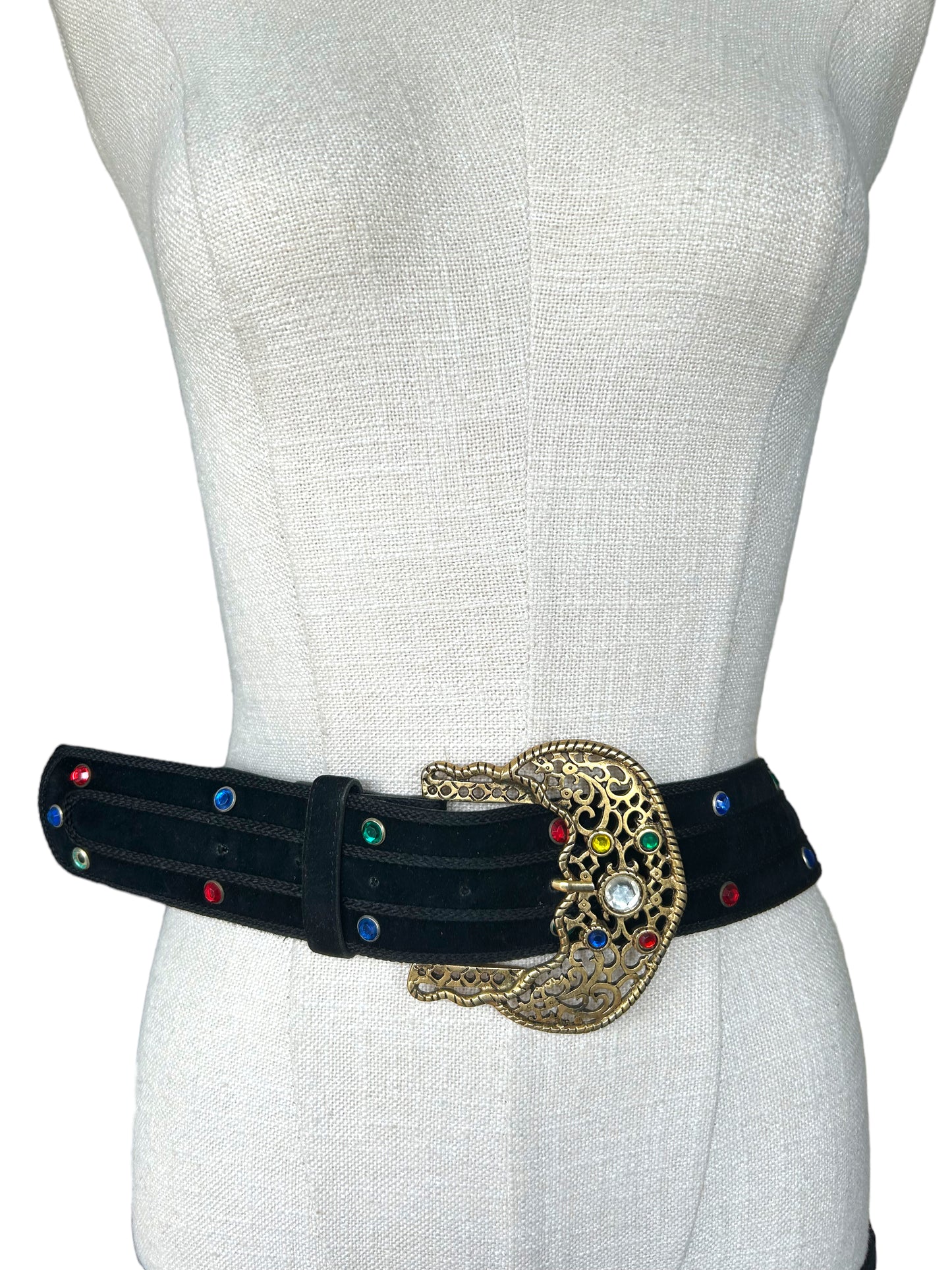 Vintage 1980s Oversized Wide Jewel Faux Suede Avant Garde Statement Belt