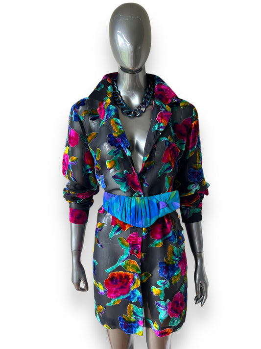 Vintage 1980s Multicoloured Flocked Floral Statement Shirt Dress