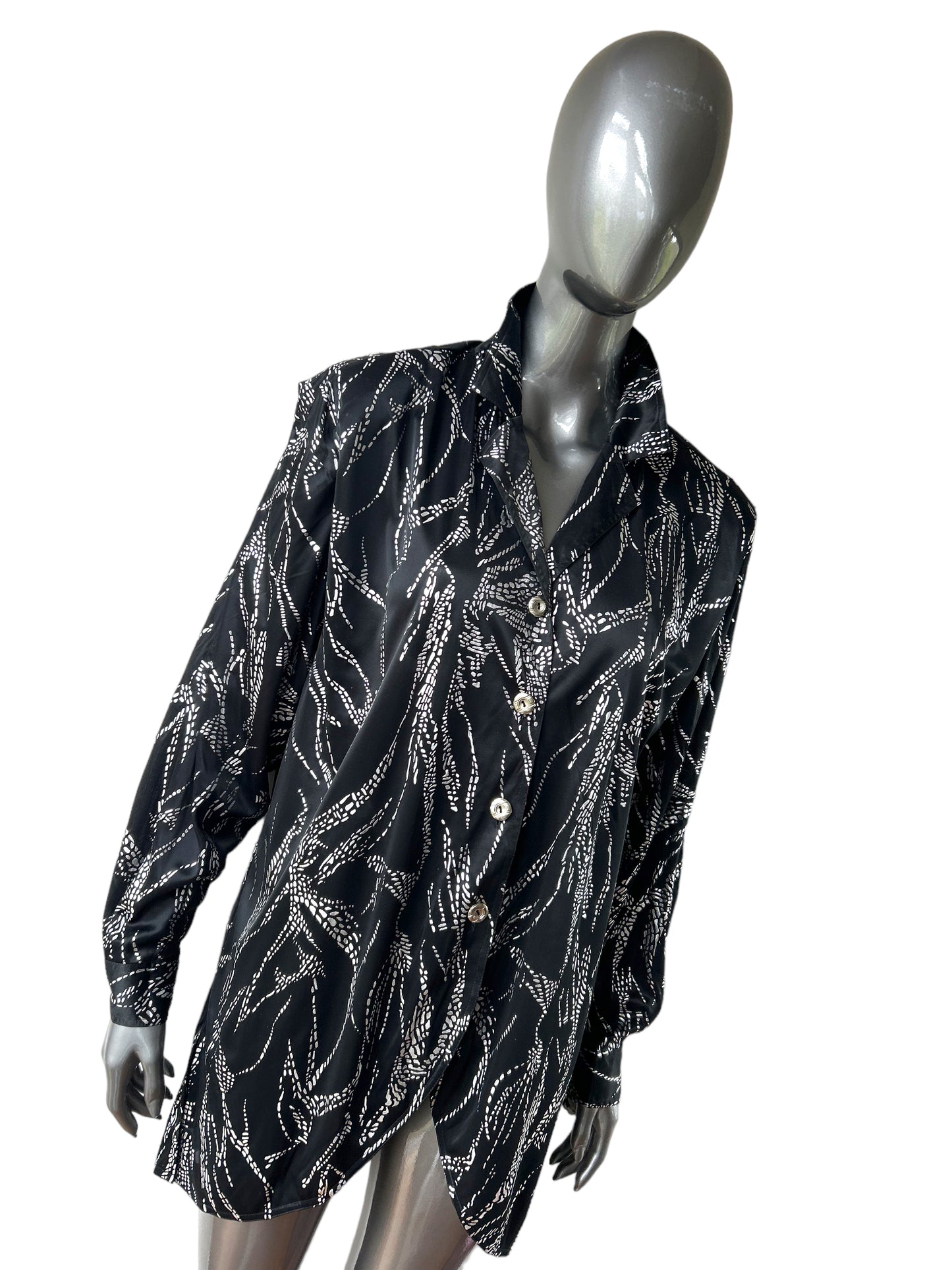 Vintage 1980s Liquid Silver Lame Shirt Dress