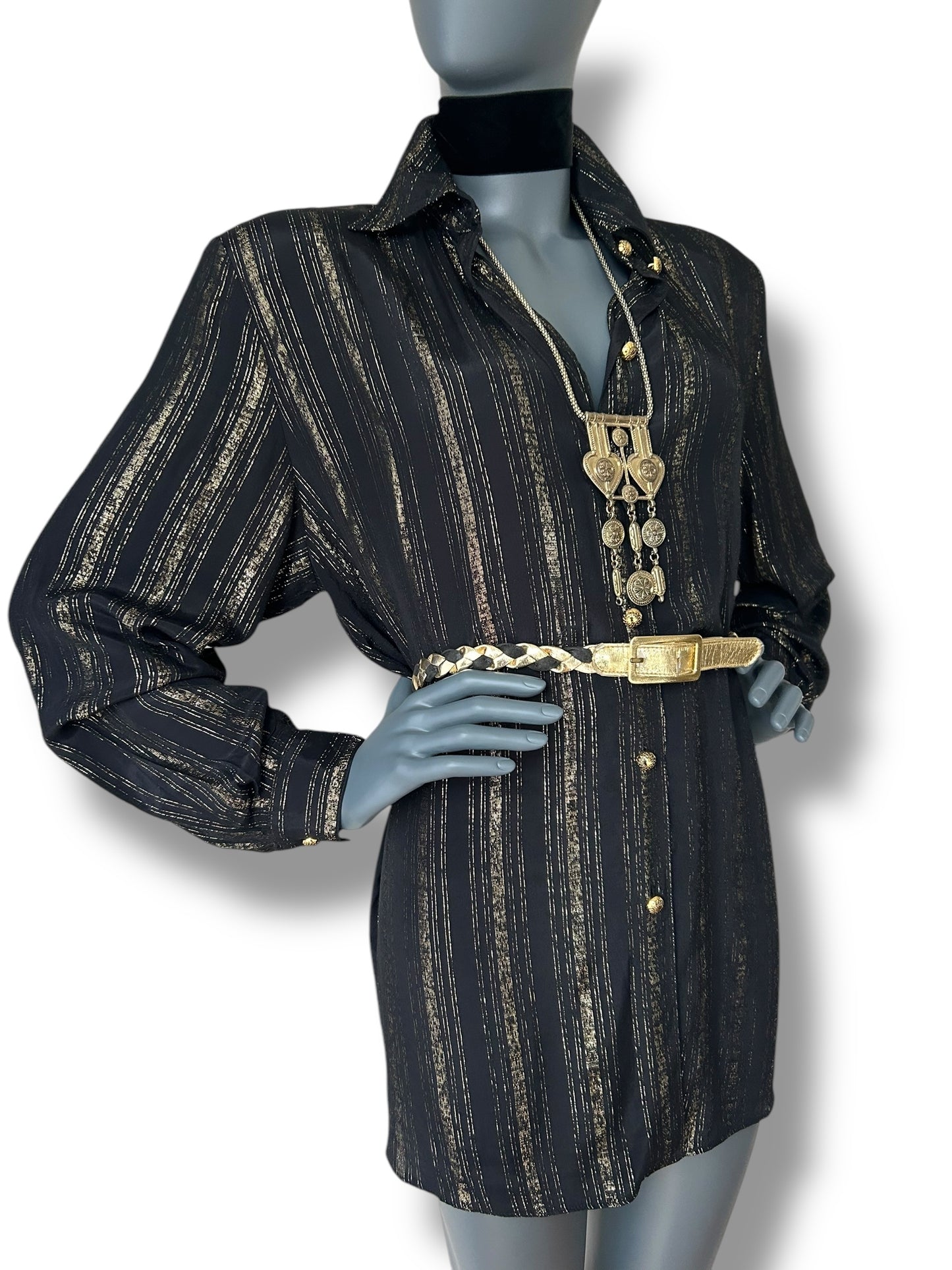 Vintage 1970s Black and Gold Stripe BOHO Shirt and Belt combo