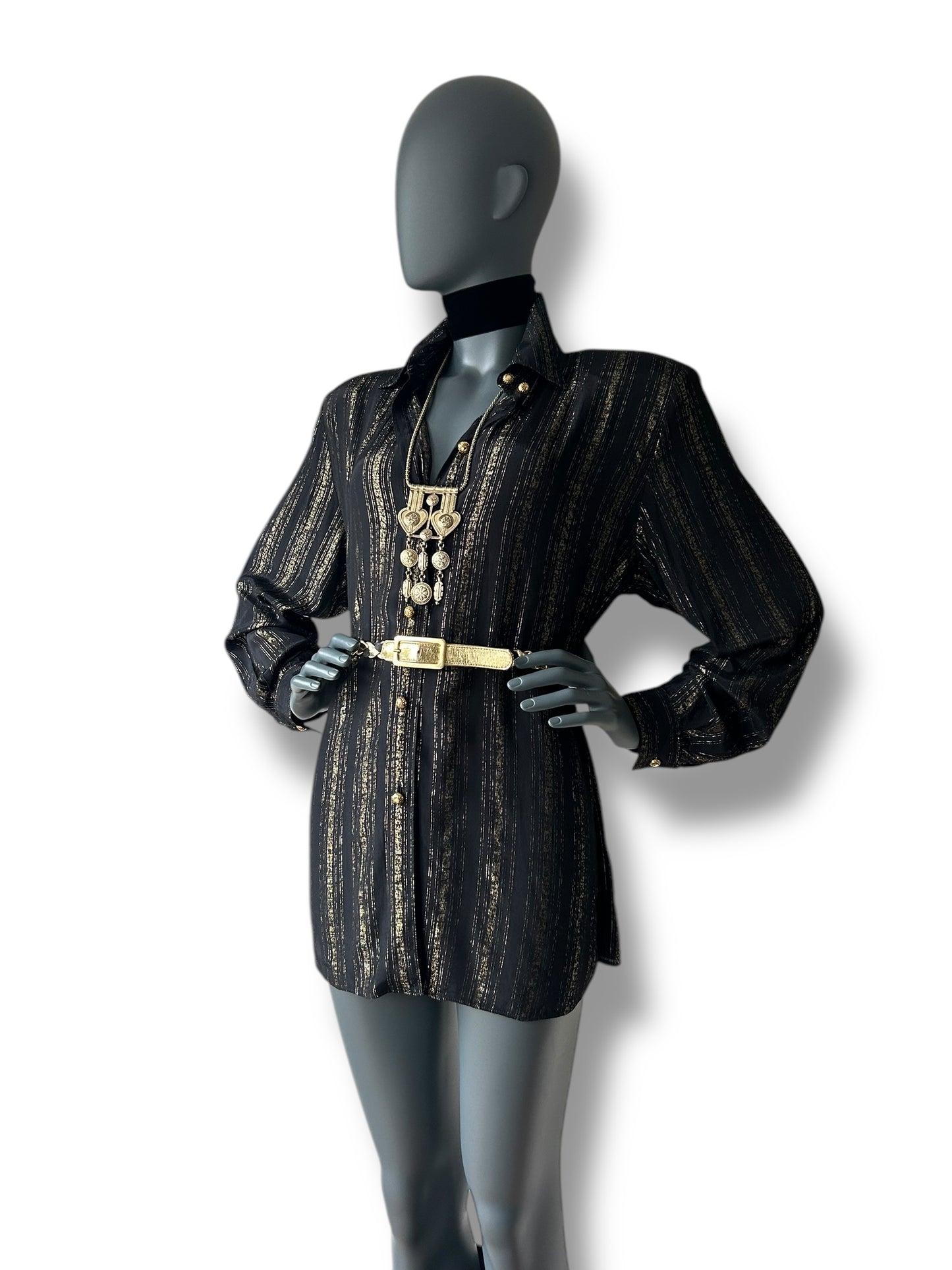 Vintage 1970s Black and Gold Stripe BOHO Shirt and Belt combo
