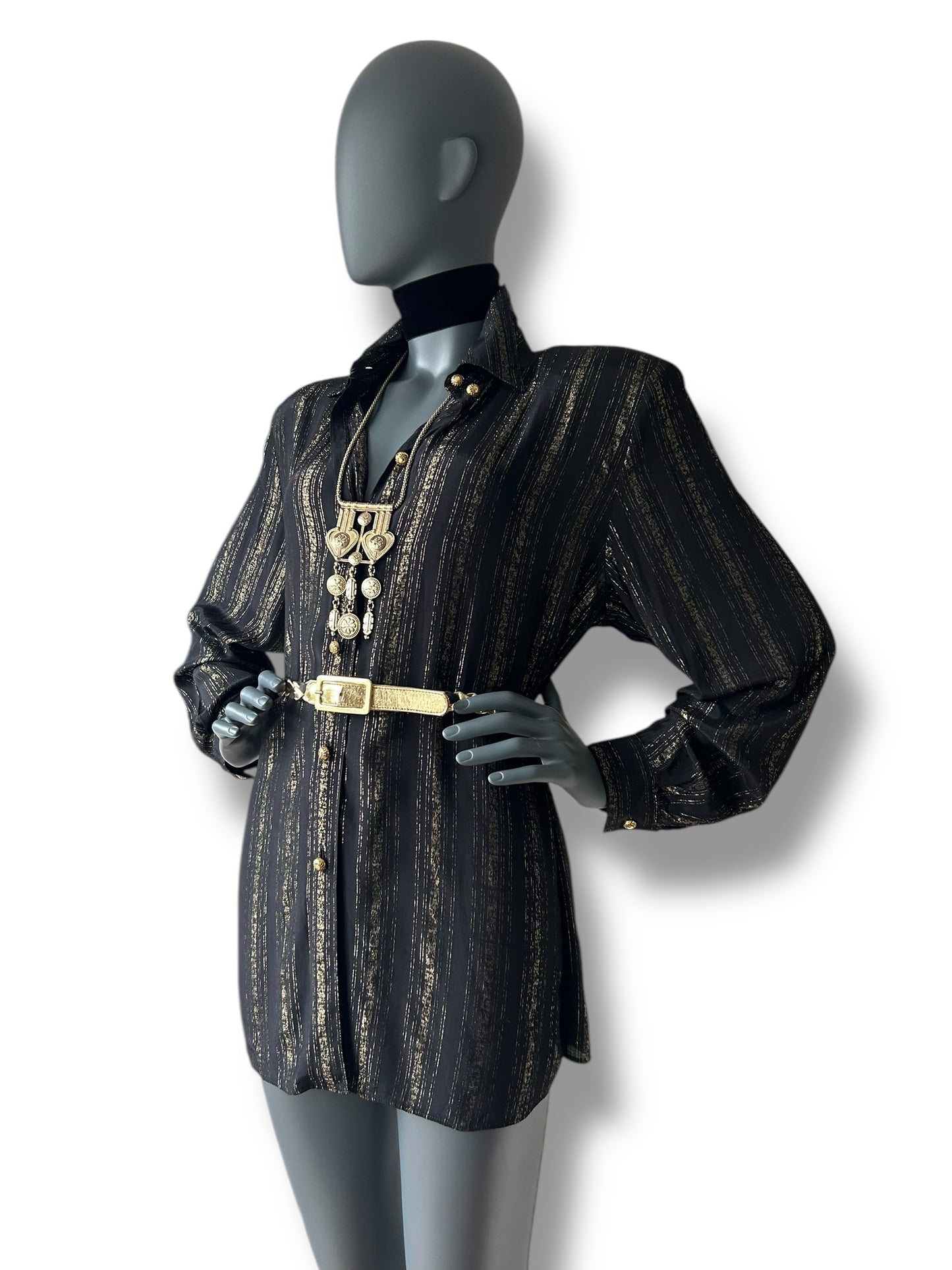 Vintage 1970s Black and Gold Stripe BOHO Shirt and Belt combo