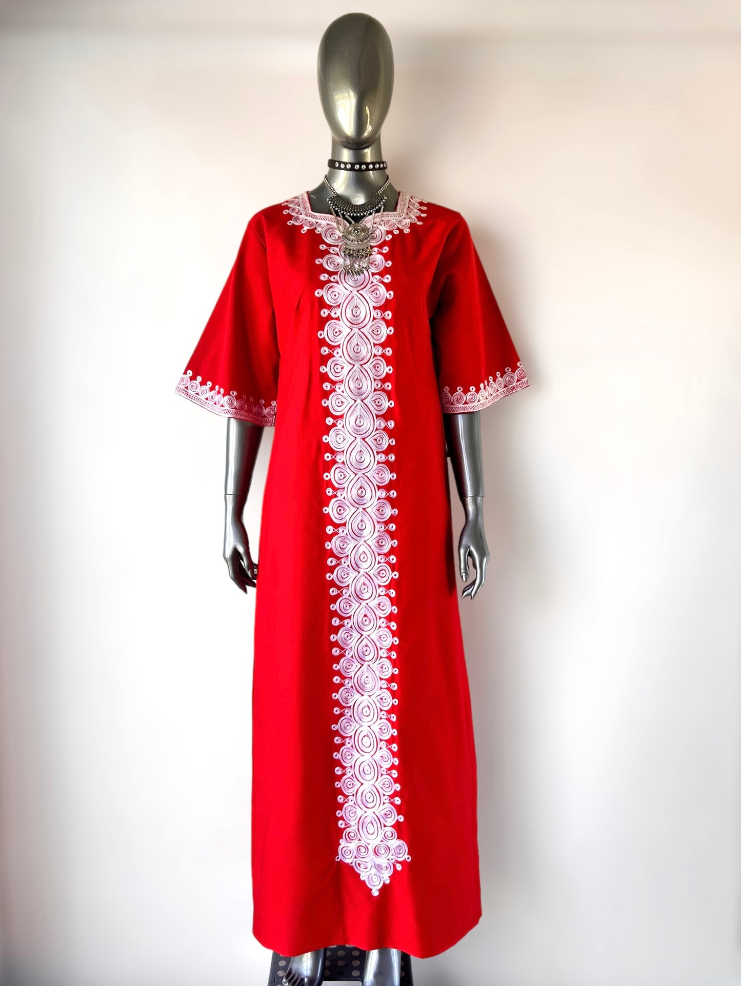 Vintage 1970s Red Cotton Embroidered Kaftan