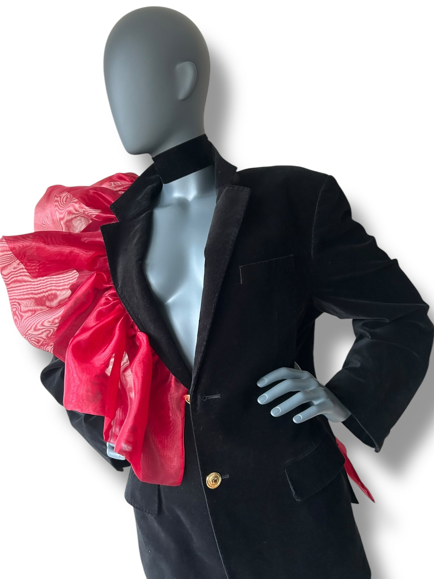 OVerdress Redefined Vintage Tuxedo Blazer and Silk Gold Lamé Dramatic Couture Ruffle