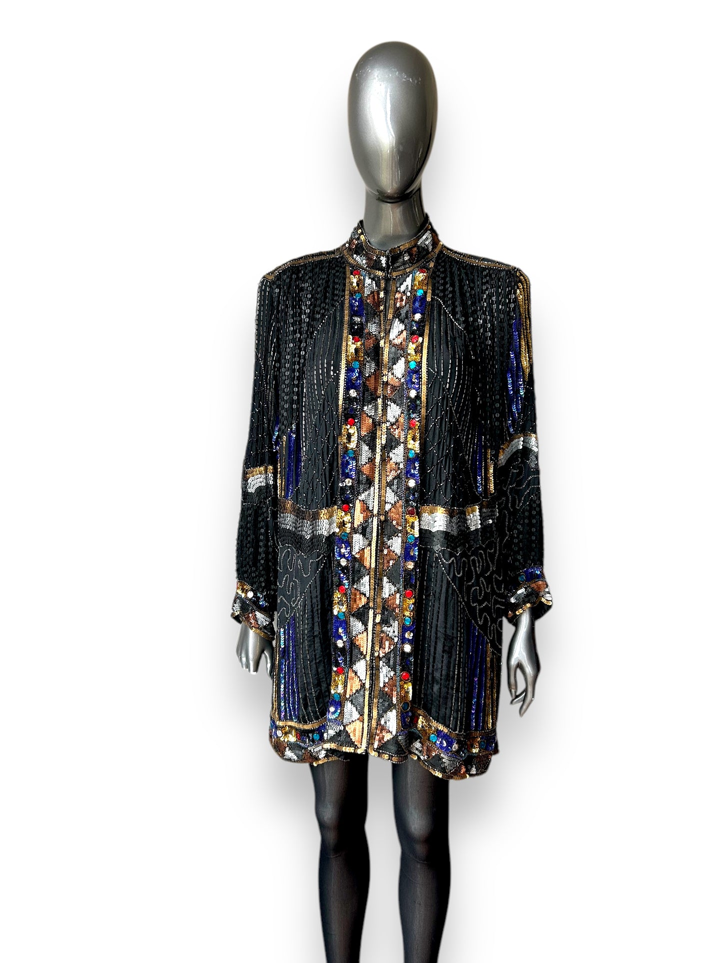 Vintage 1980s Frank Usher Art Deco Sequin Embellished Ornamental Cocktail Statement Jacket