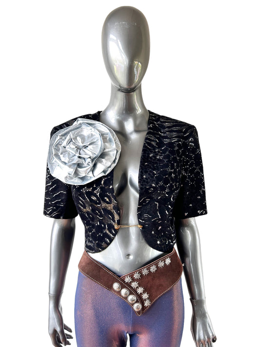 Overdress Redefined Vintage 1980s Black and Gold and Silver Bolero with giant silver lame rosette corsage