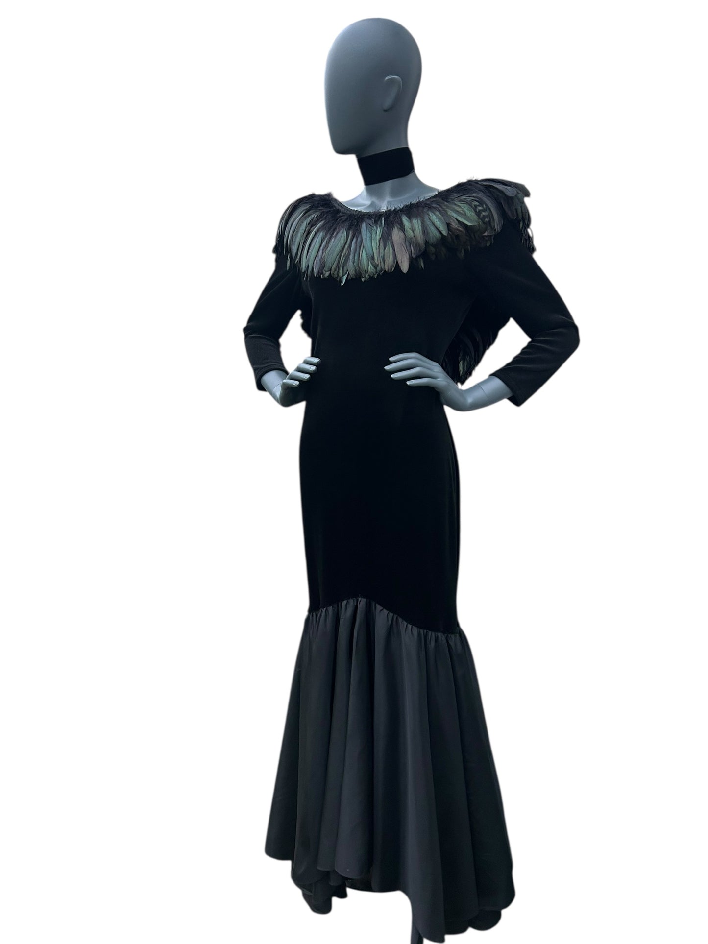 Vintage 1980s Ann Green Velvet and taffeta feather collar dress.