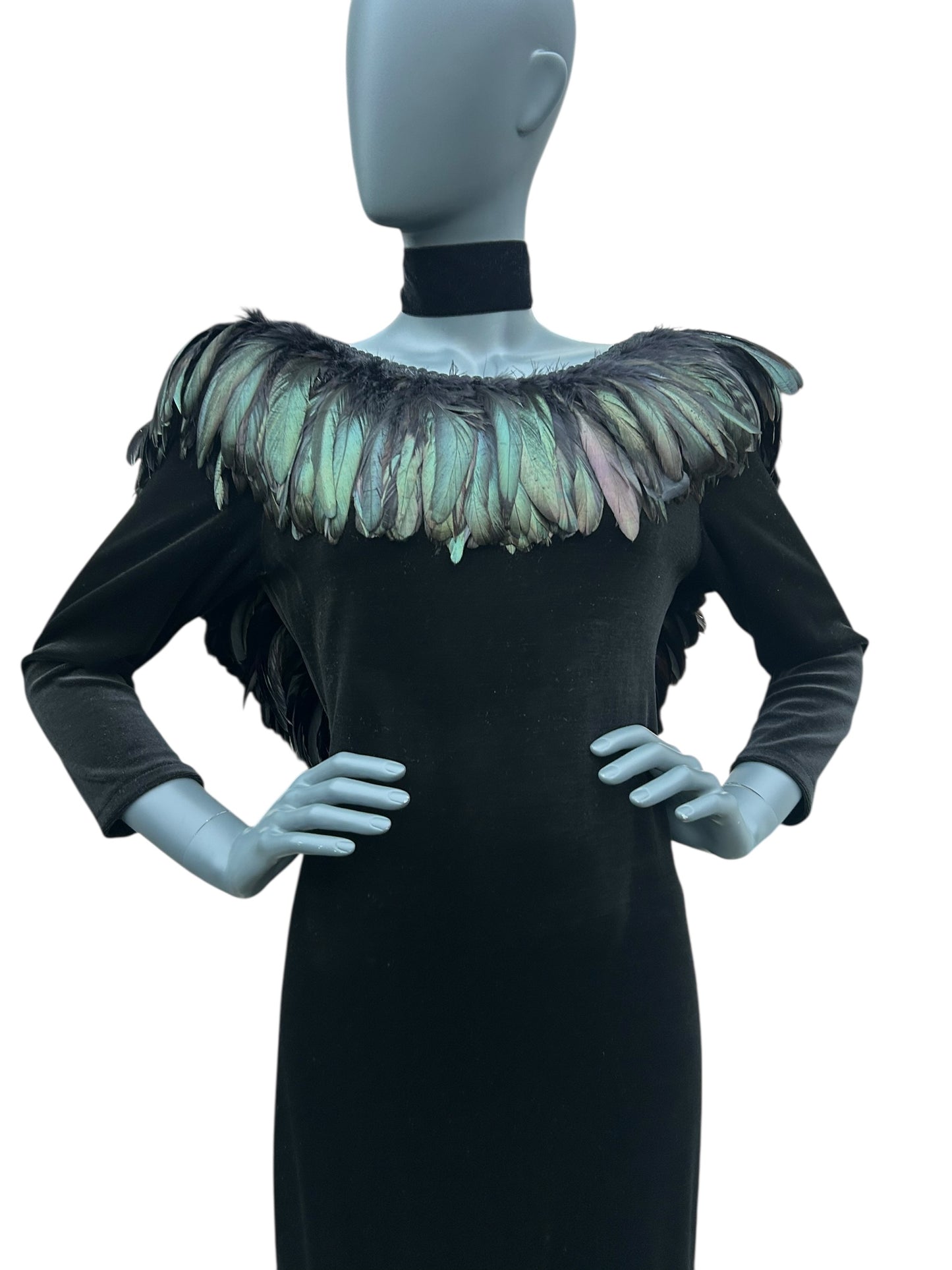 Vintage 1980s Ann Green Velvet and taffeta feather collar dress.