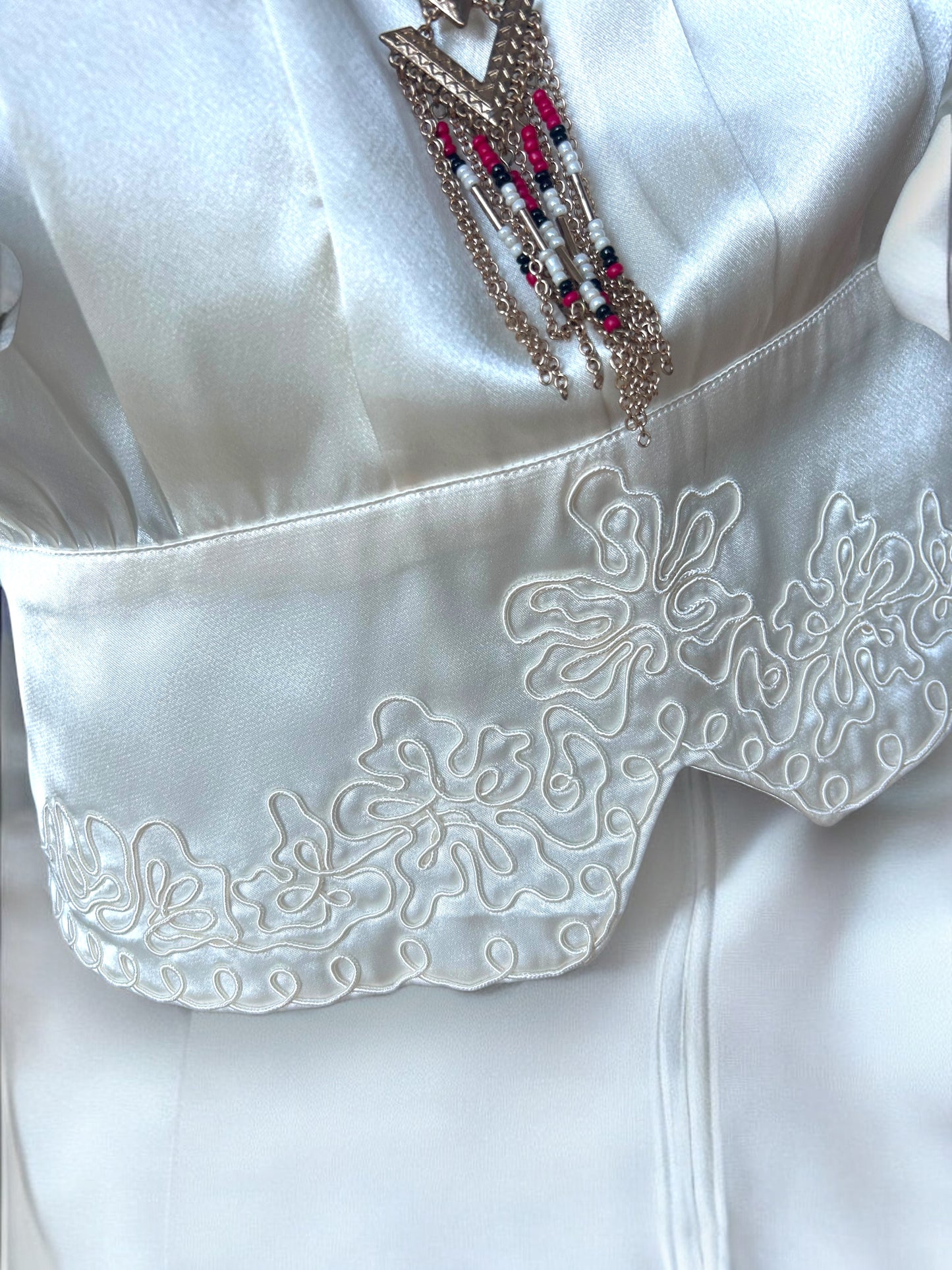 Vintage 80s Cream Lace Embroidered Satin Blouse