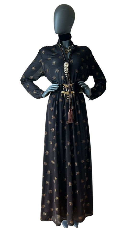 Vintage 1970s Bronze and Black  Boho Maxi Dress