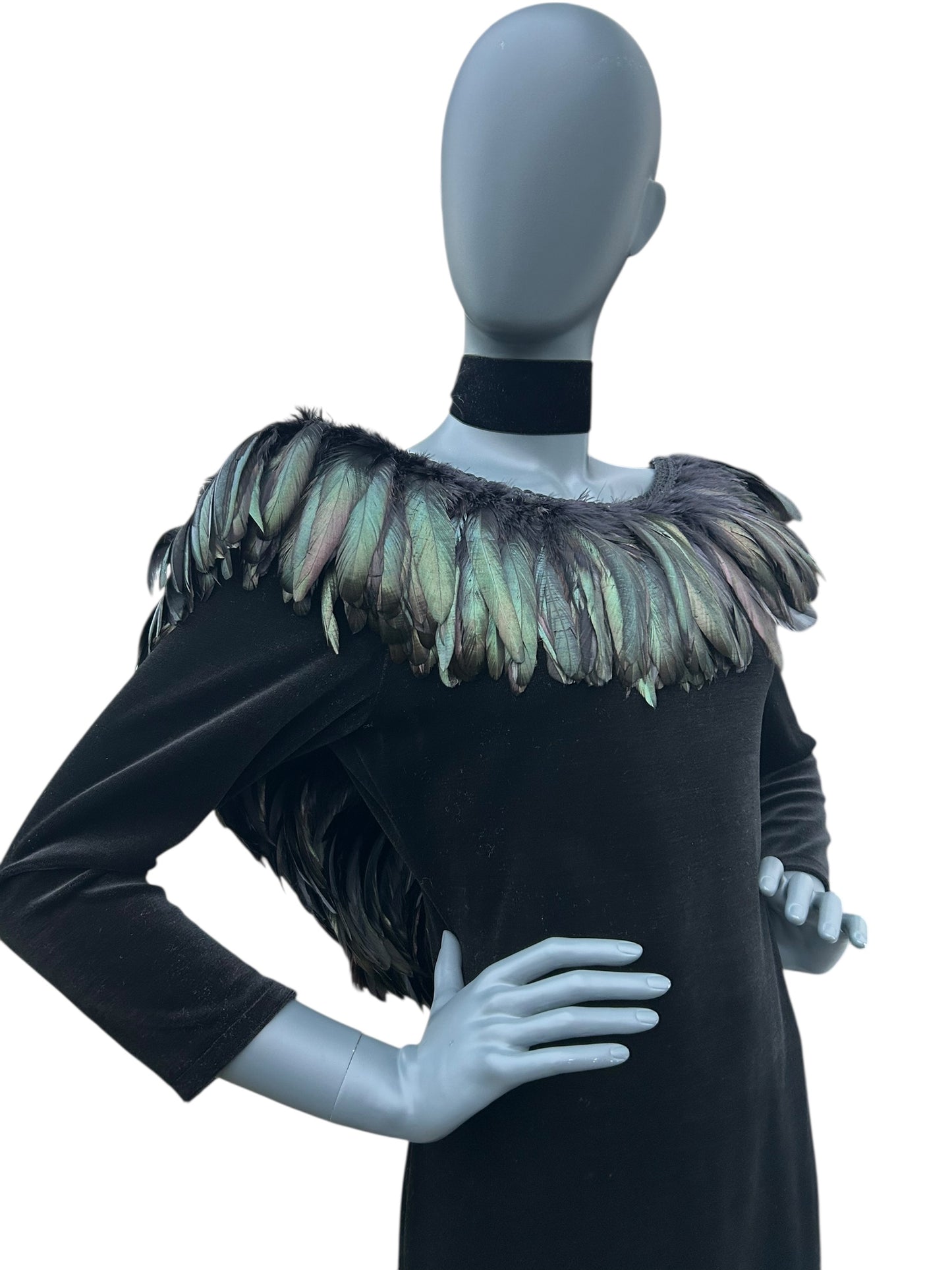 Vintage 1980s Ann Green Velvet and taffeta feather collar dress.