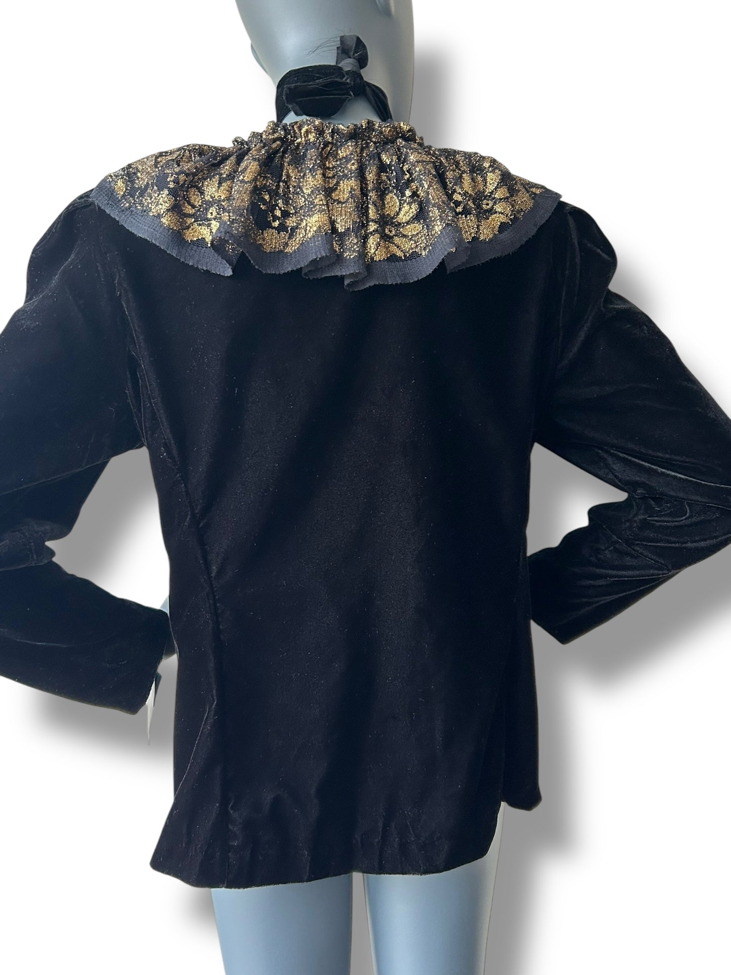 Vintage Black Velvet Blazer with Gold Lame Frill Collar