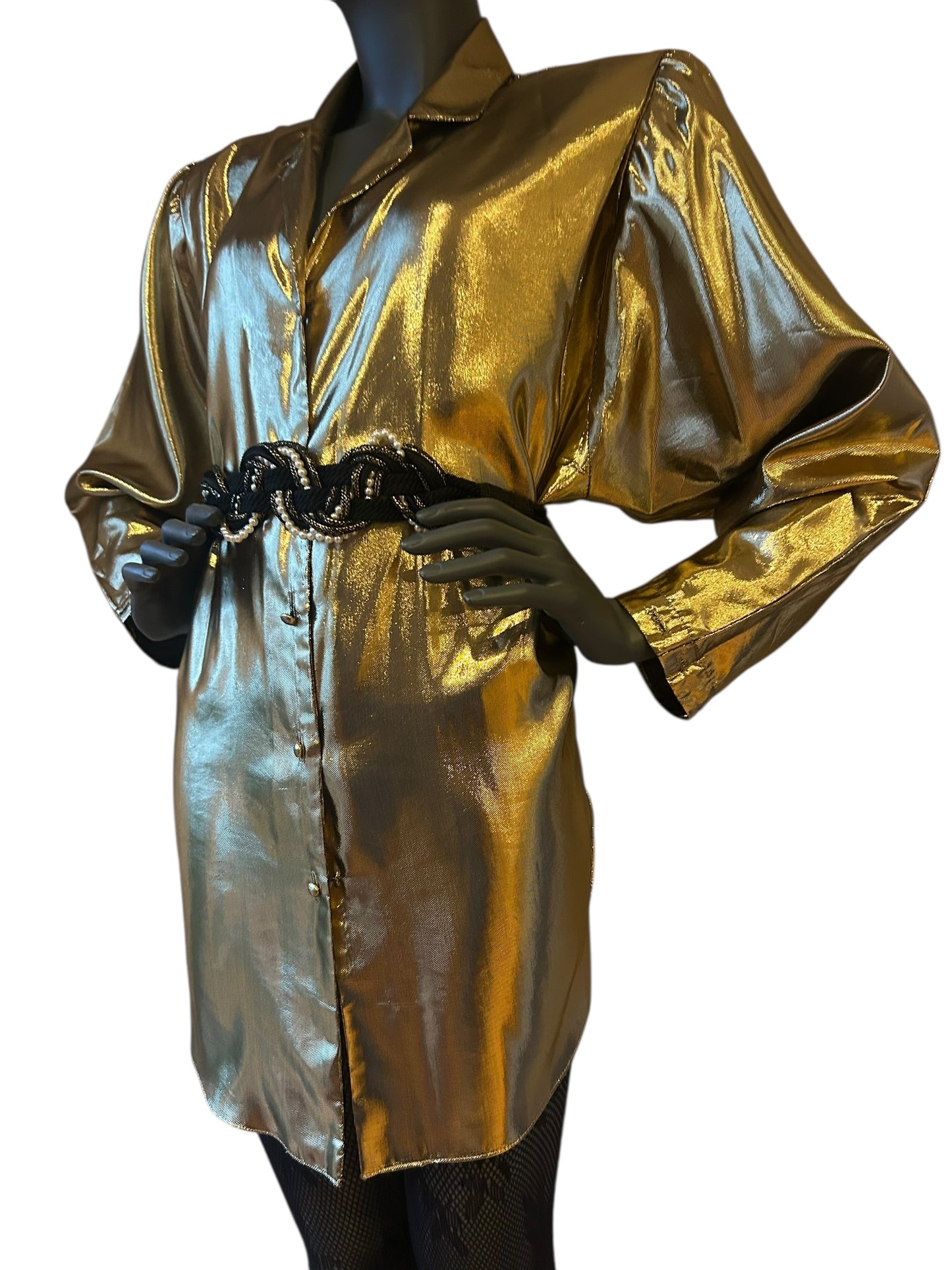 Vintage 1980s Gold Lamé Shirt Dress