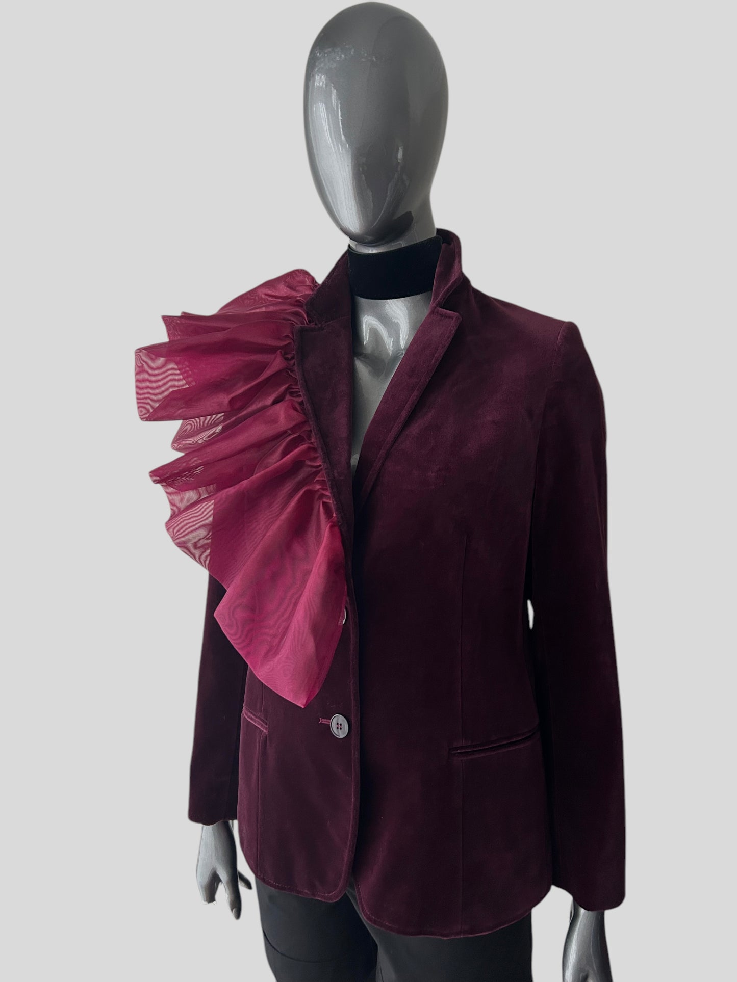 Vintage Burgandy 70s Organza Frill Velvet Blazer