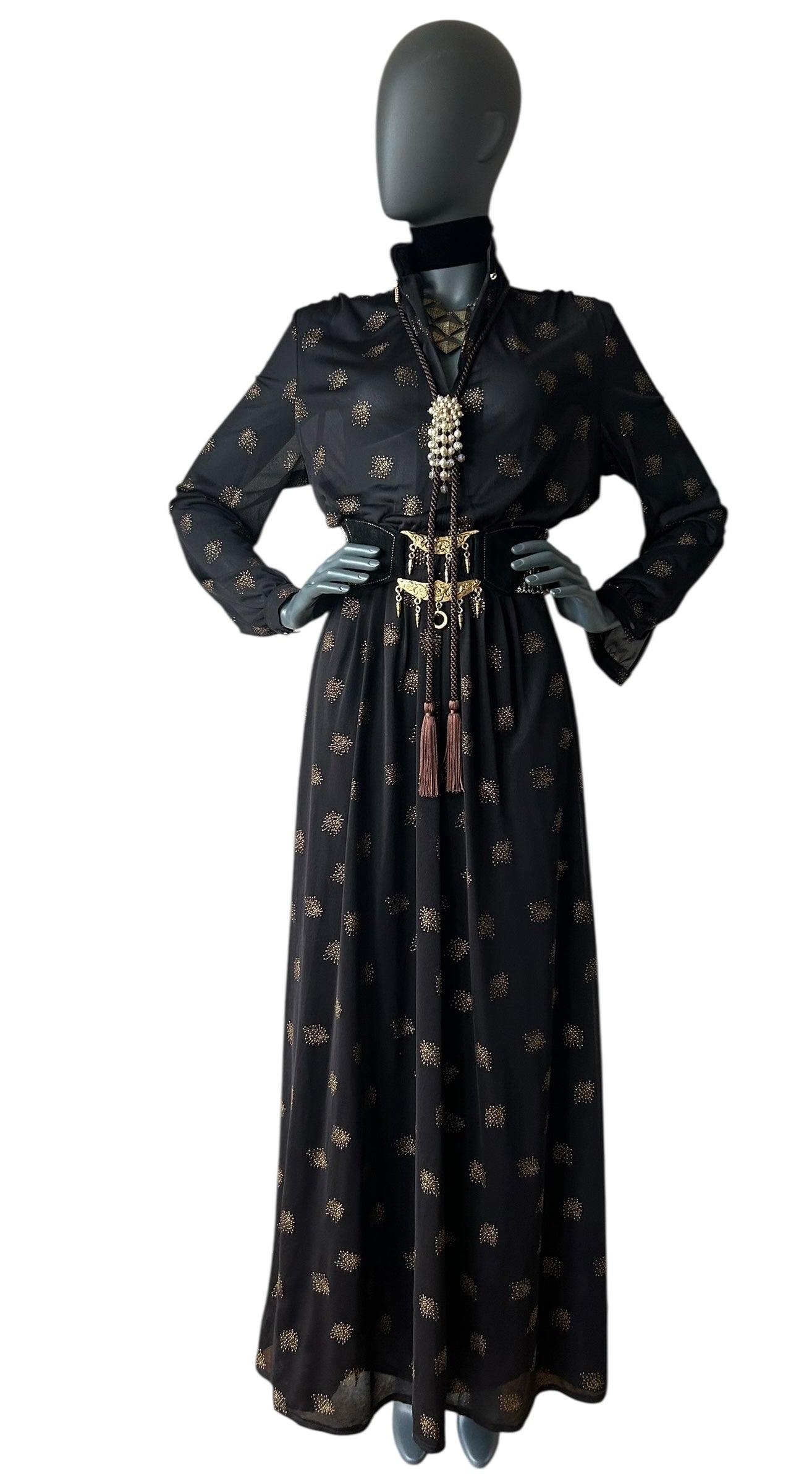 Vintage 1970s Bronze and Black  Boho Maxi Dress